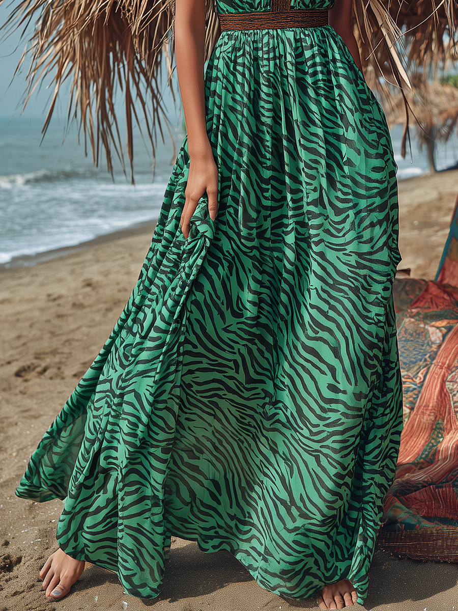 Retro Bohemian Brown Trim Green Zebra-Print Chiffon Maxi Dress