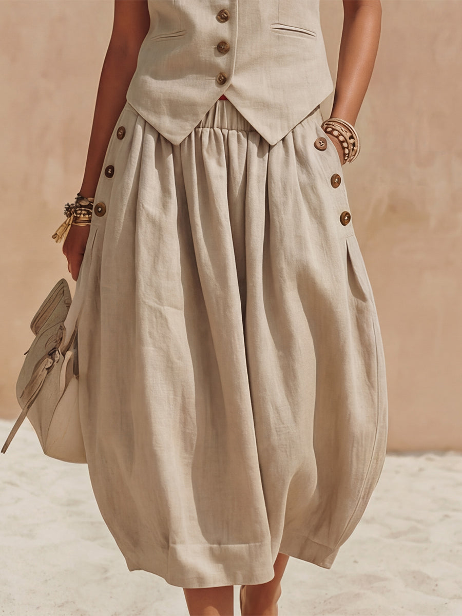 Casual Vacation Beige Cotton Linen Sleeveless V-neck Vest With Side Button Decoration And Lantern-Style Midi Skirt Set