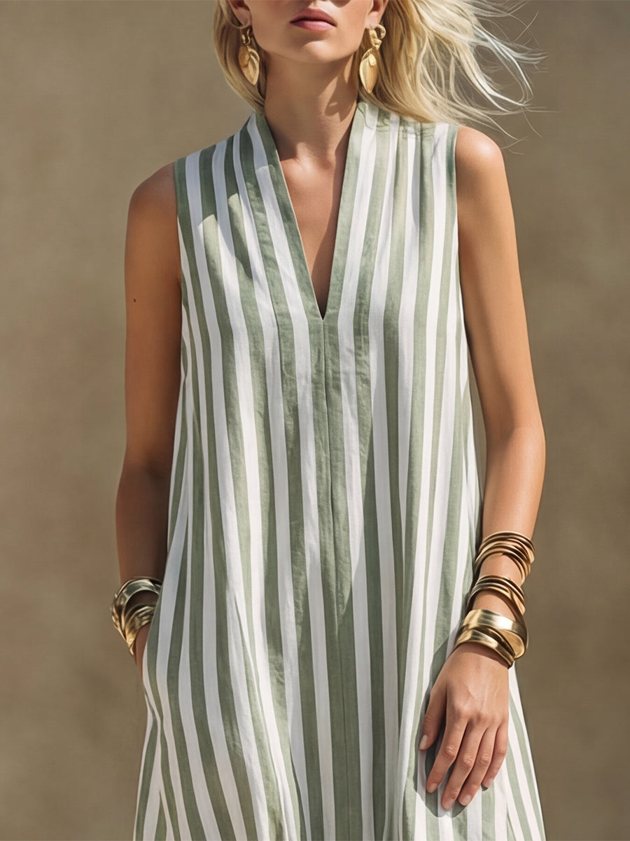 Minimalist Coastal Style White Sage Green Vertical Stripes Sleeveless V-neck Midi Dress