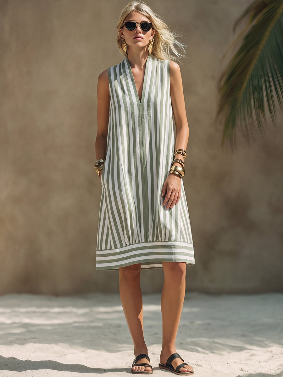 Minimalist Coastal Style White Sage Green Vertical Stripes Sleeveless V-neck Midi Dress