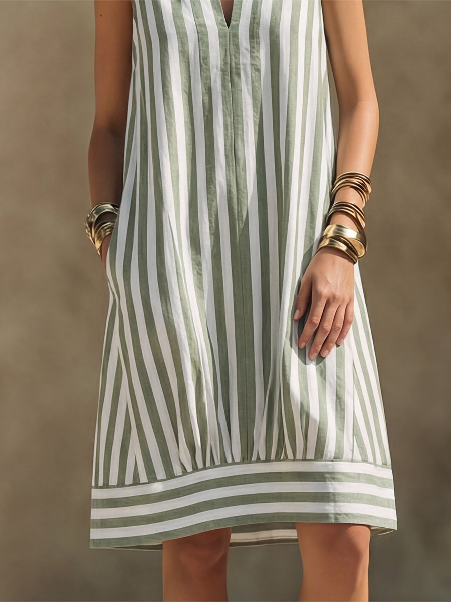 Minimalist Coastal Style White Sage Green Vertical Stripes Sleeveless V-neck Midi Dress