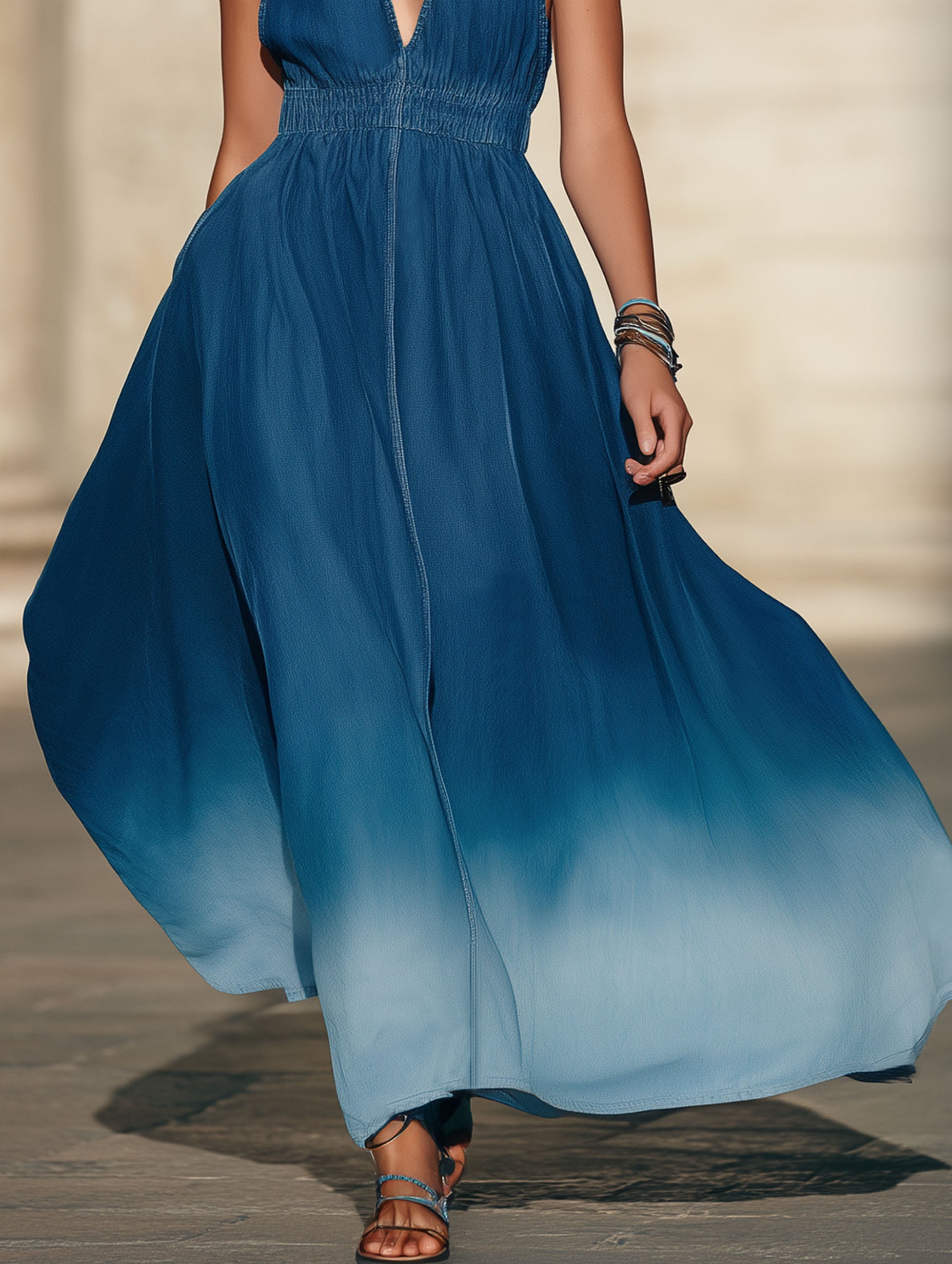 French-Style Blue Gradient V-Neck Maxi Dress