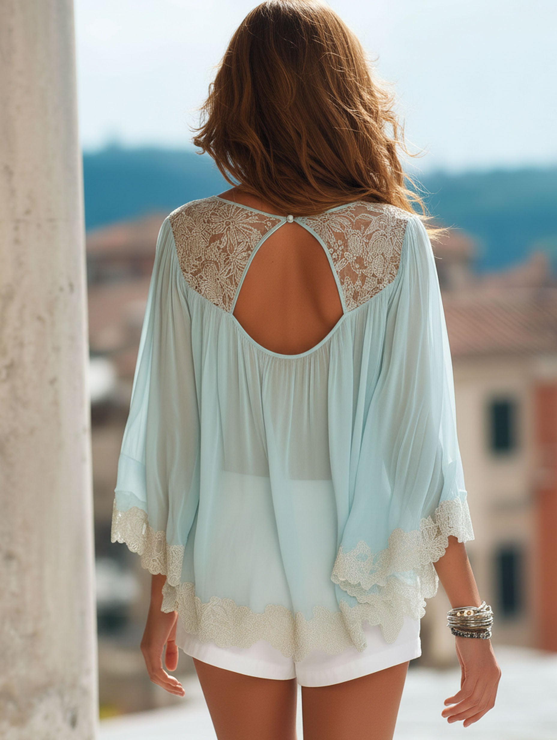 Resort-Style French Lace-Trimmed Light Blue Chiffon Long-Sleeved T-Shirt