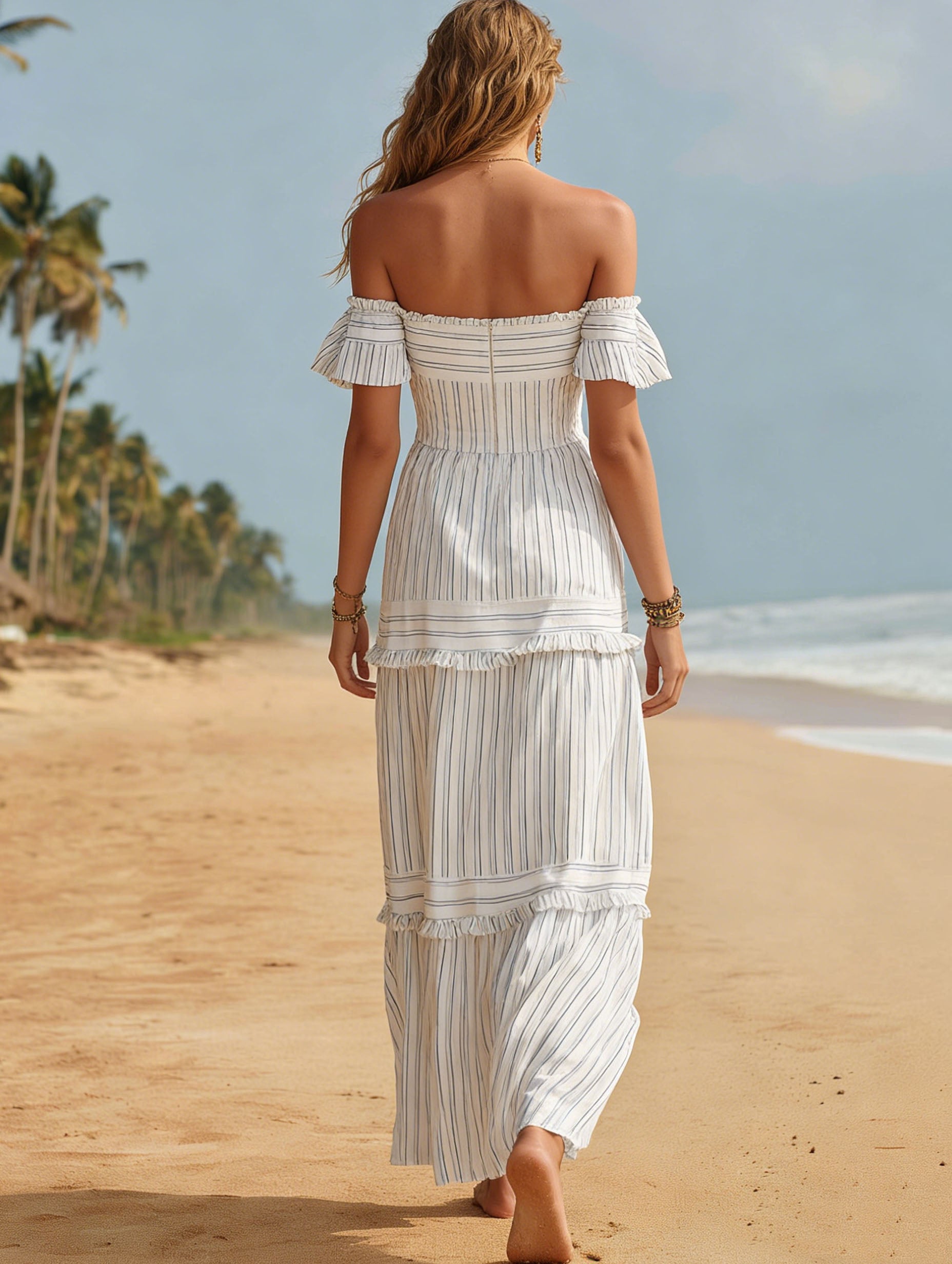 Casual Vacation White Cotton Linen Blue Striped Off-Shoulder Maxi Dress