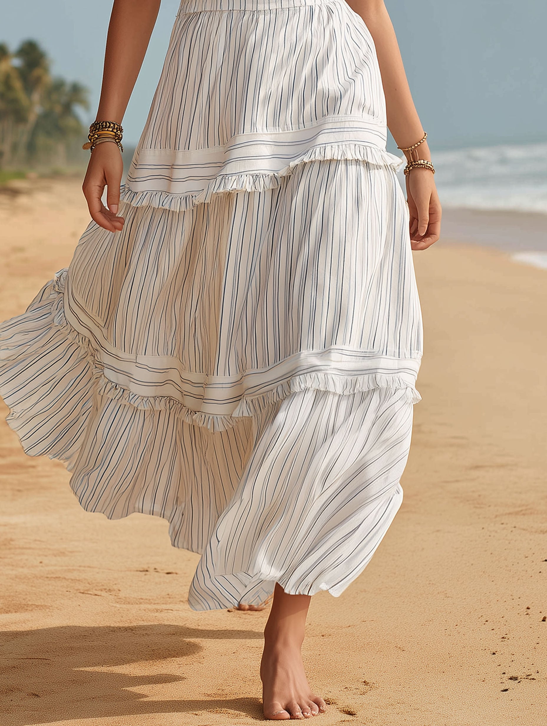Casual Vacation White Cotton Linen Blue Striped Off-Shoulder Maxi Dress