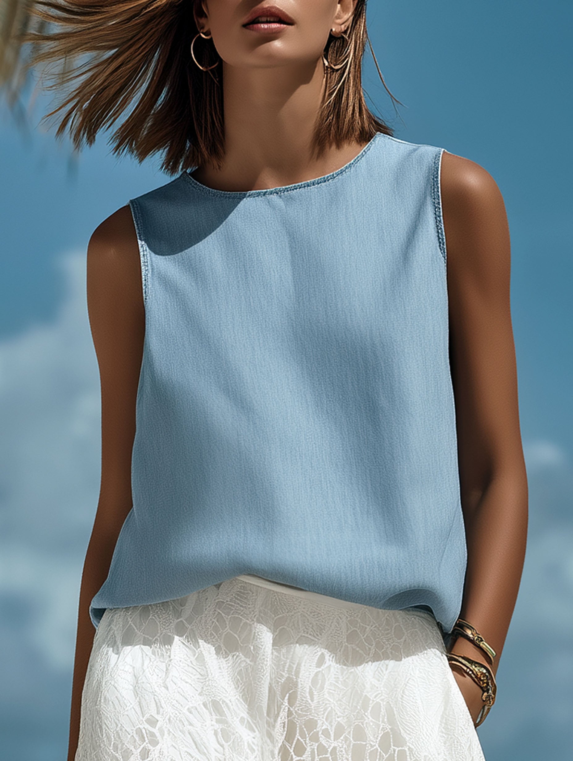 French-Style Resort Blue Denim Sleeveless Top And White Lace Trousers Set