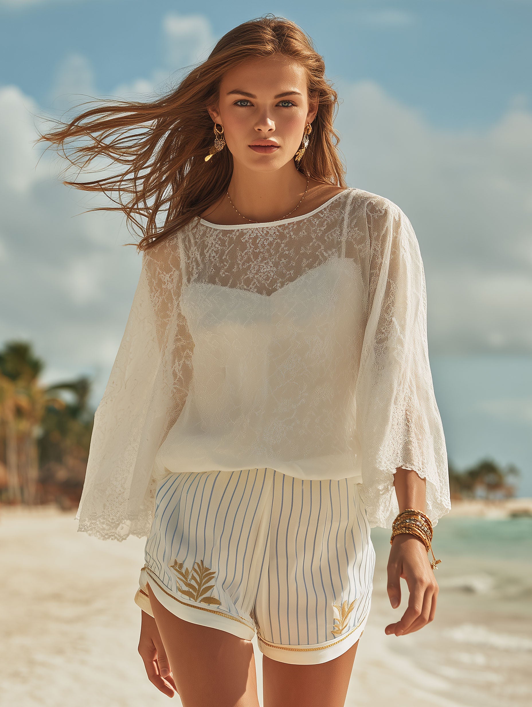 French Casual Vacation Style Lace Top Blue And White Striped Chiffon Embroidered Shorts Set