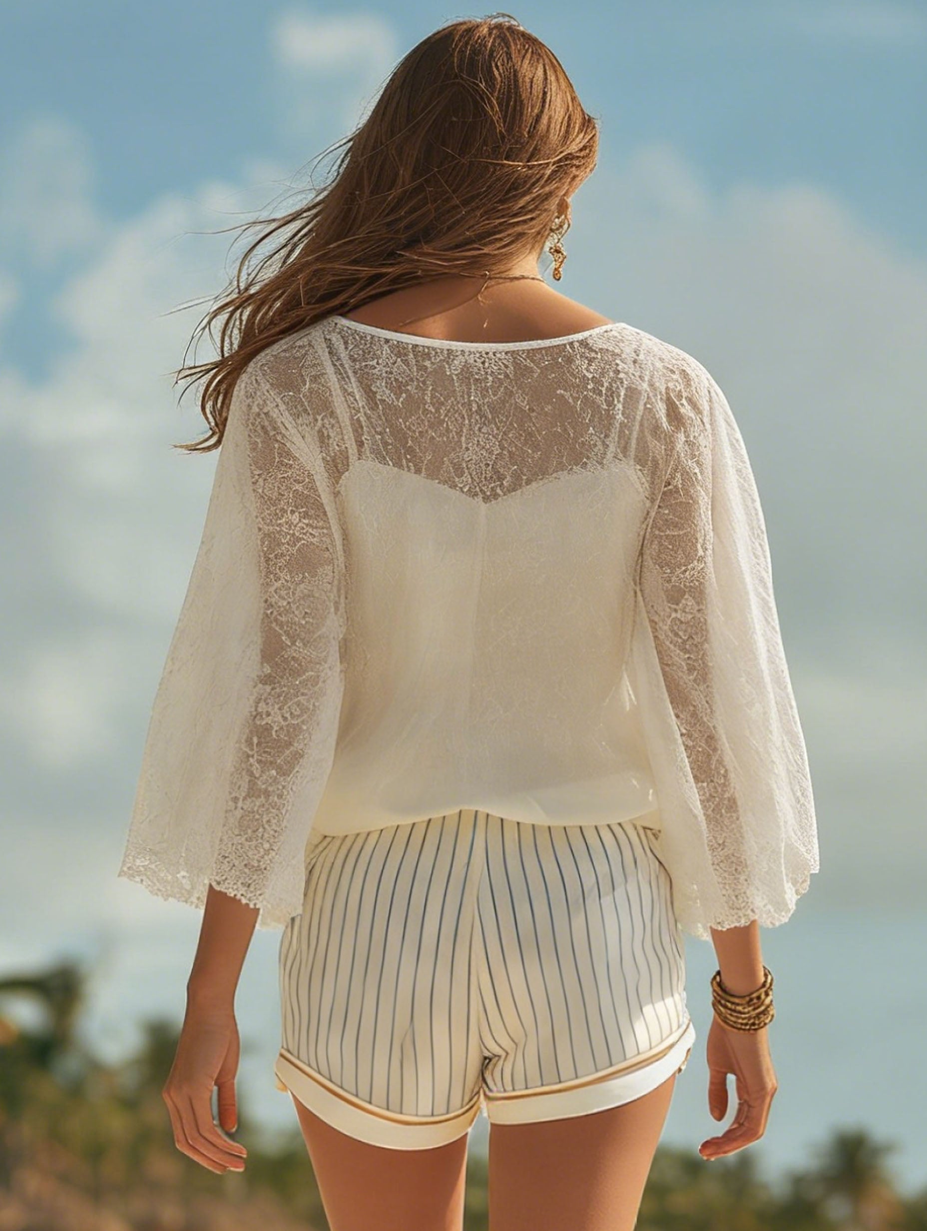French Casual Vacation Style Lace Top Blue And White Striped Chiffon Embroidered Shorts Set