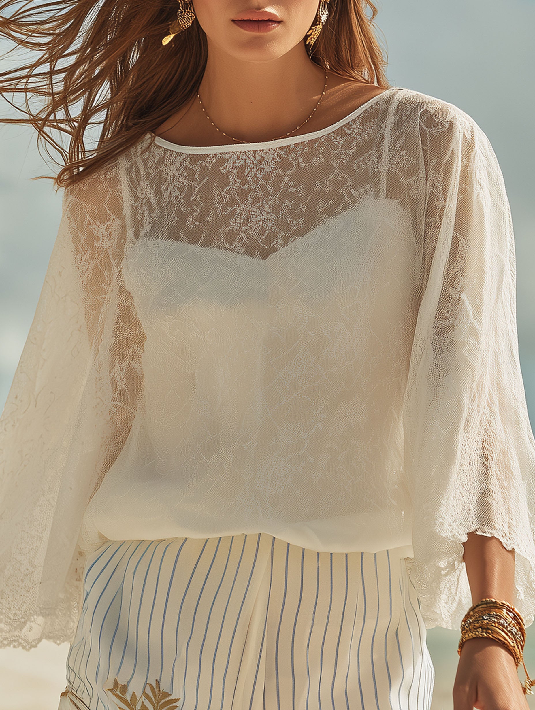 French Casual Vacation Style Lace Top Blue And White Striped Chiffon Embroidered Shorts Set