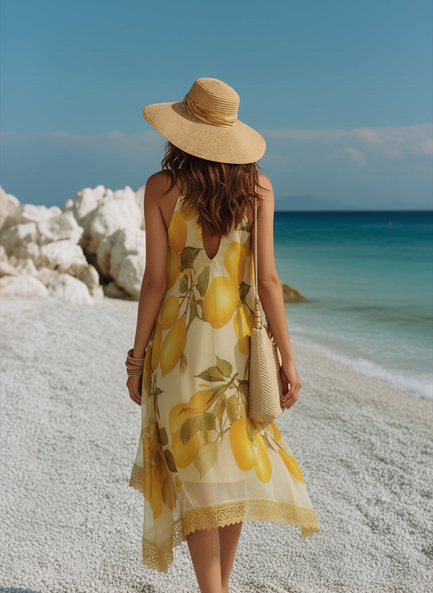 Retro Vacation Lemon-Print Halter Chiffon Midi Dress