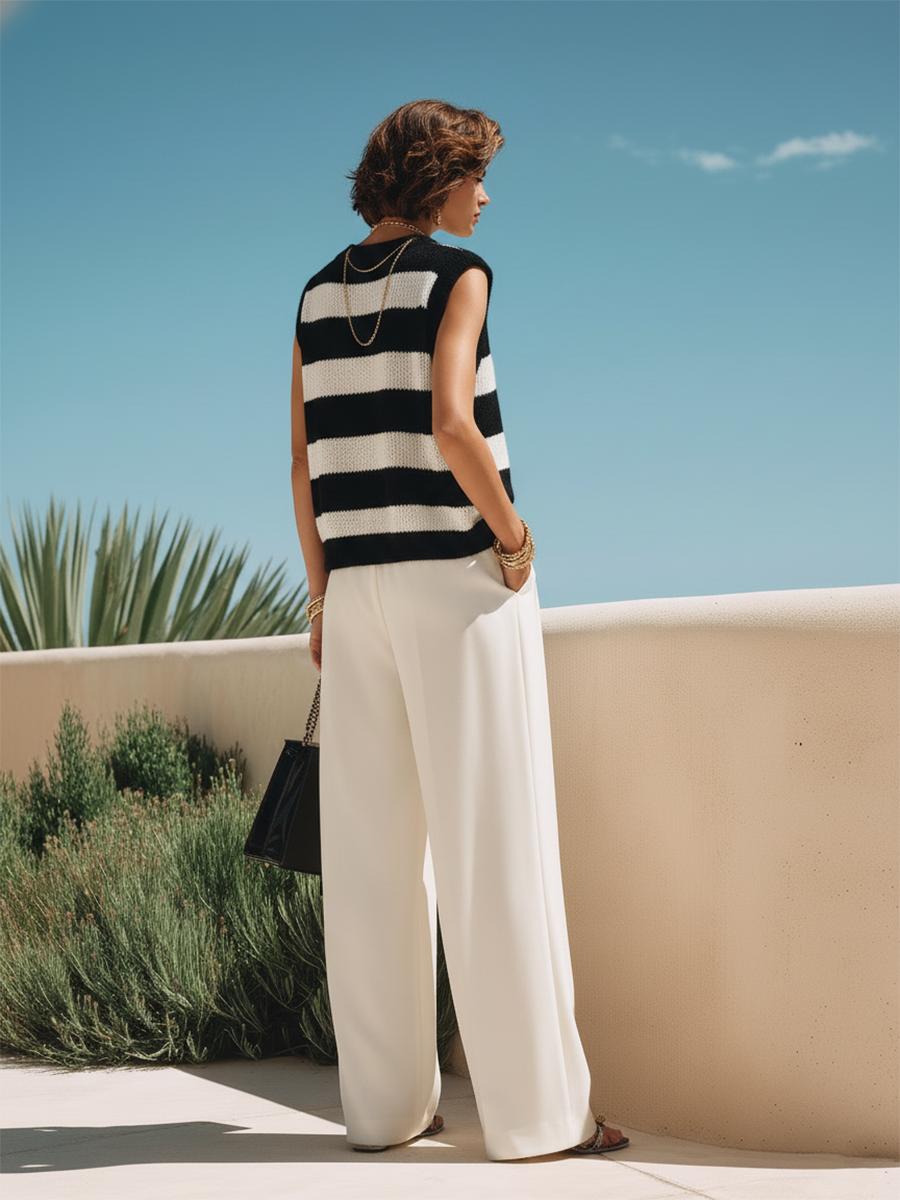 Resort-style Sleeveless Round Neck Black And White Striped Top And Trousers Set