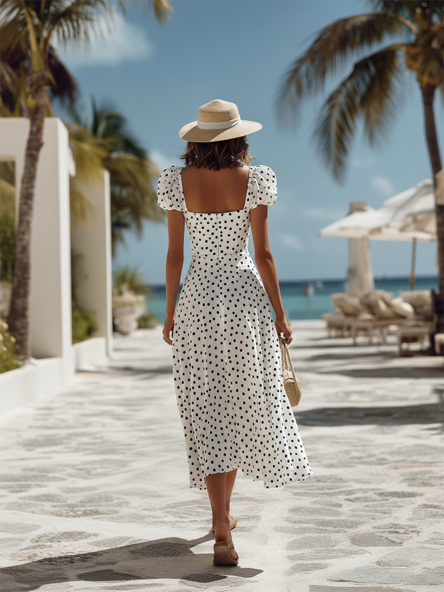 Resort-style White Short-sleeved Polka Dot Midi Dress