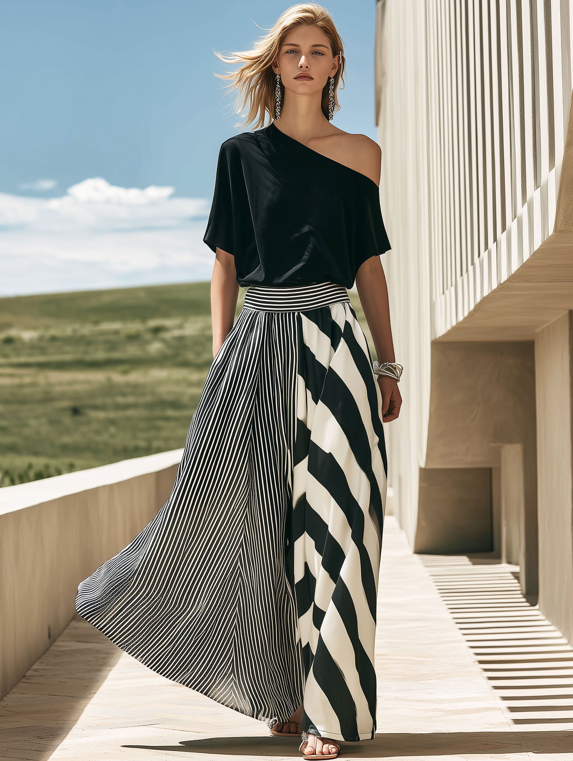 High-End Resort Black Off-Shoulder Short-Sleeved Black And White Striped Maxi Dress Set
