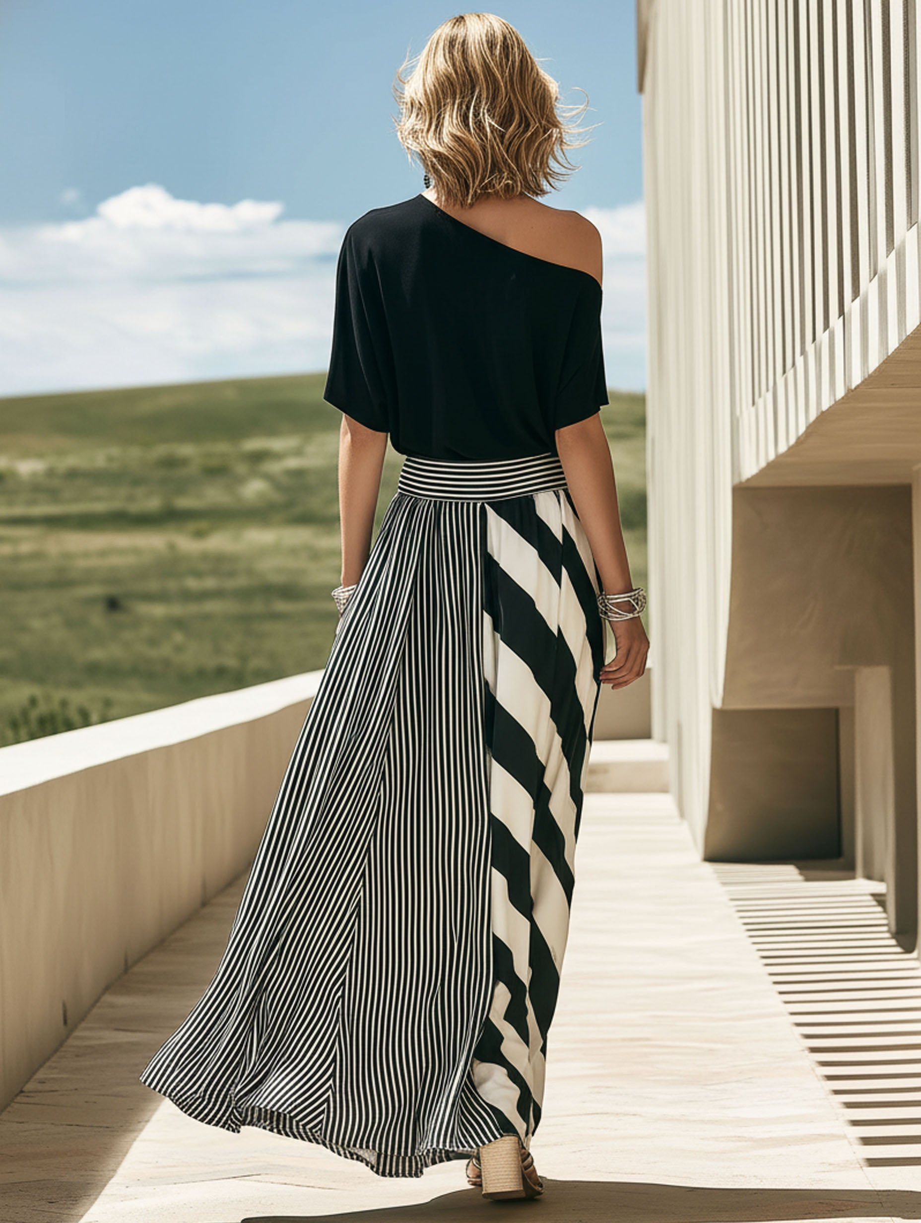 High-End Resort Black Off-Shoulder Short-Sleeved Black And White Striped Maxi Dress Set