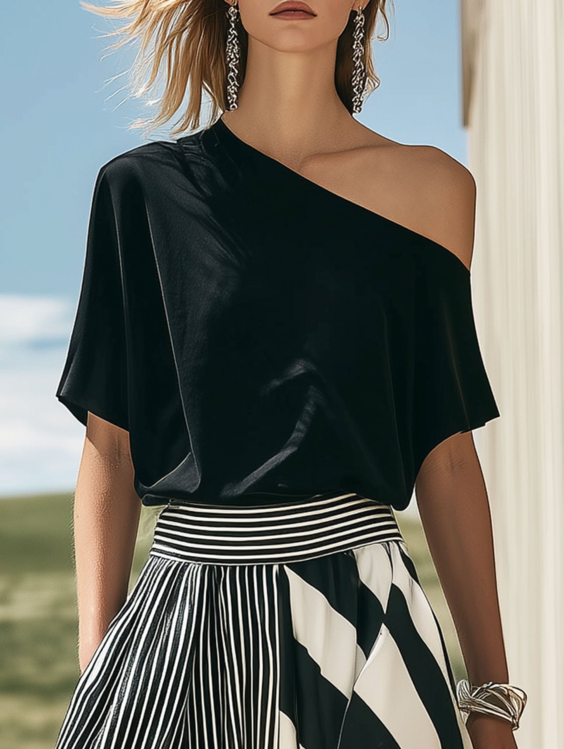 High-End Resort Black Off-Shoulder Short-Sleeved Black And White Striped Maxi Dress Set