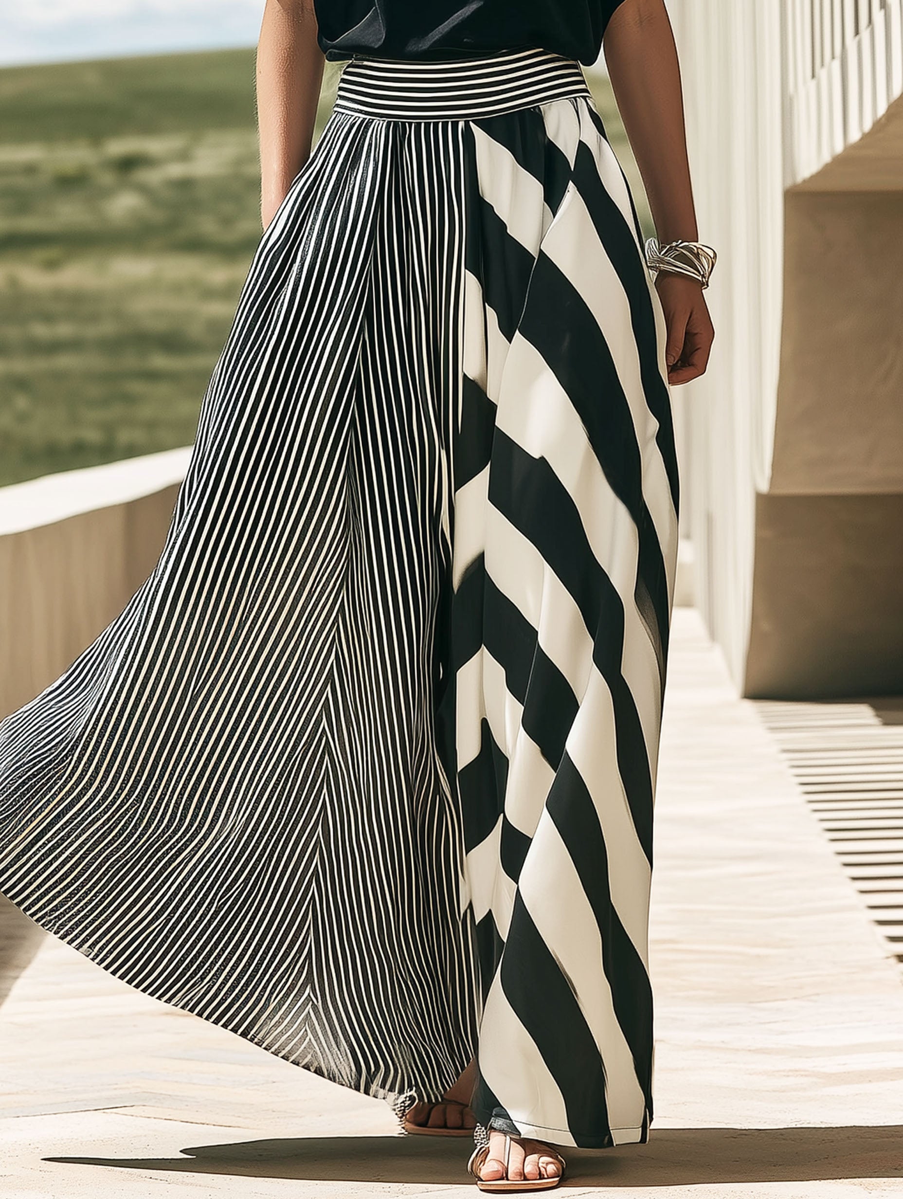 High-End Resort Black Off-Shoulder Short-Sleeved Black And White Striped Maxi Dress Set