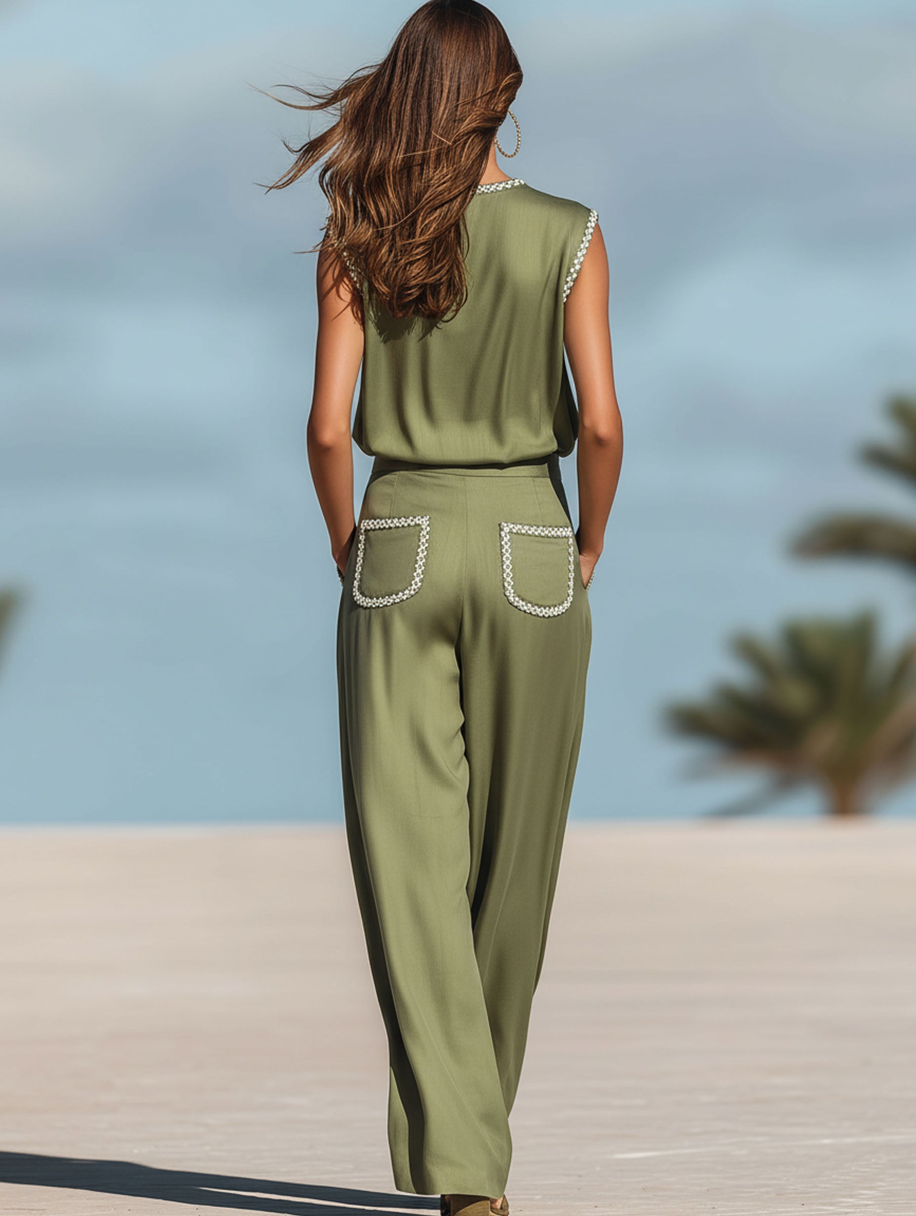 Premium Resort Green Tencel Sleeveless Trouser Set