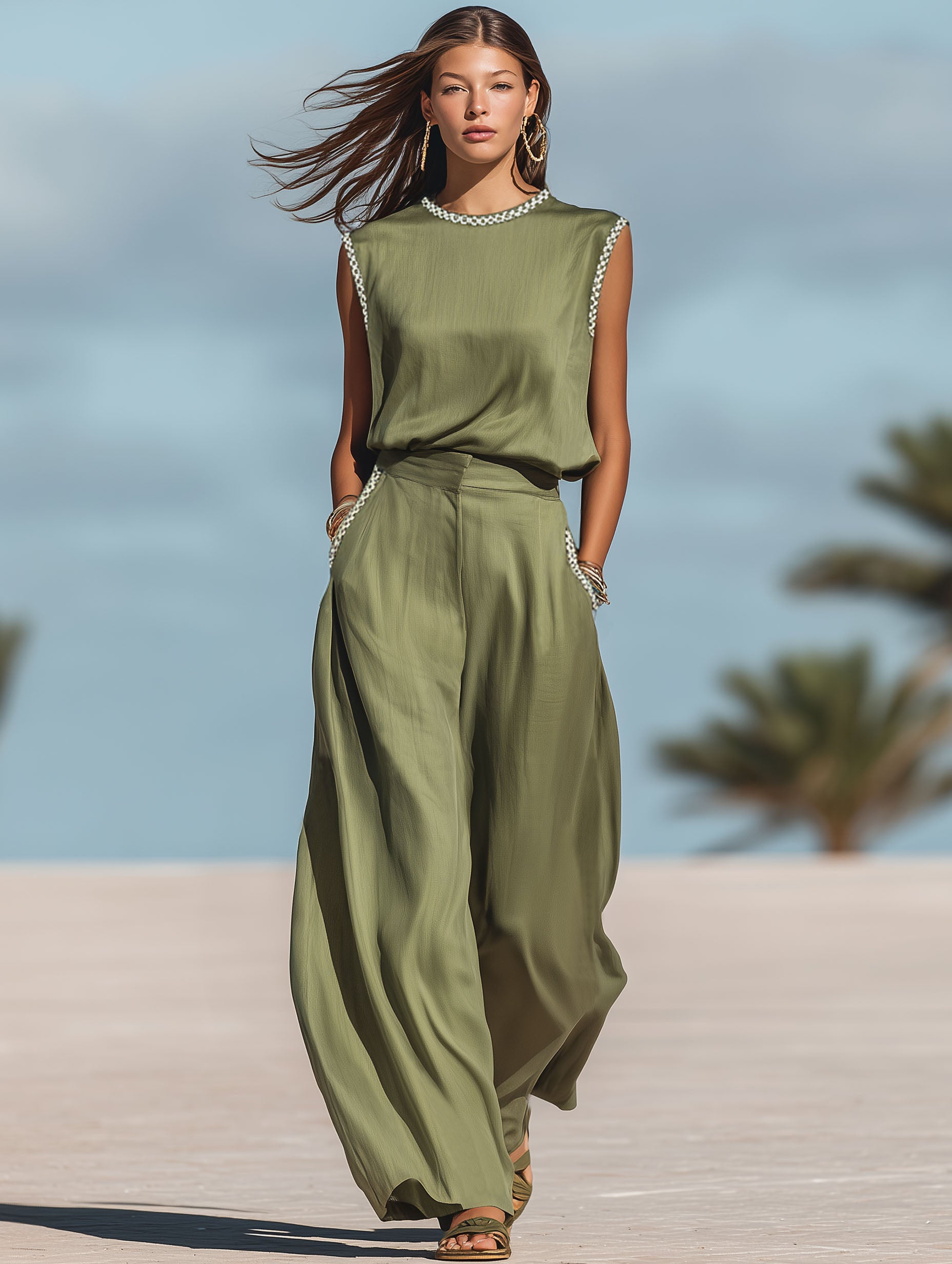 Premium Resort Green Tencel Sleeveless Trouser Set