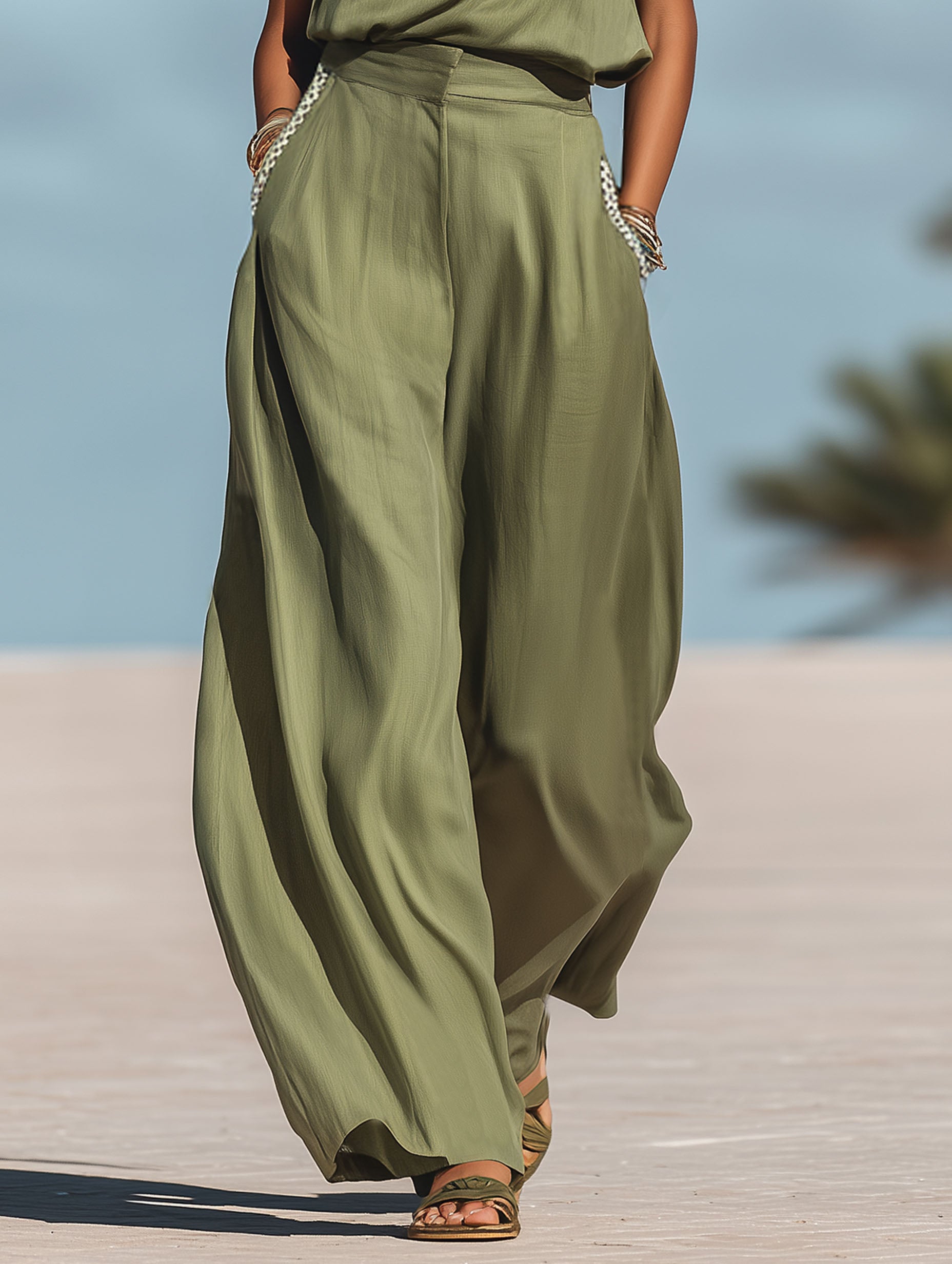 Premium Resort Green Tencel Sleeveless Trouser Set