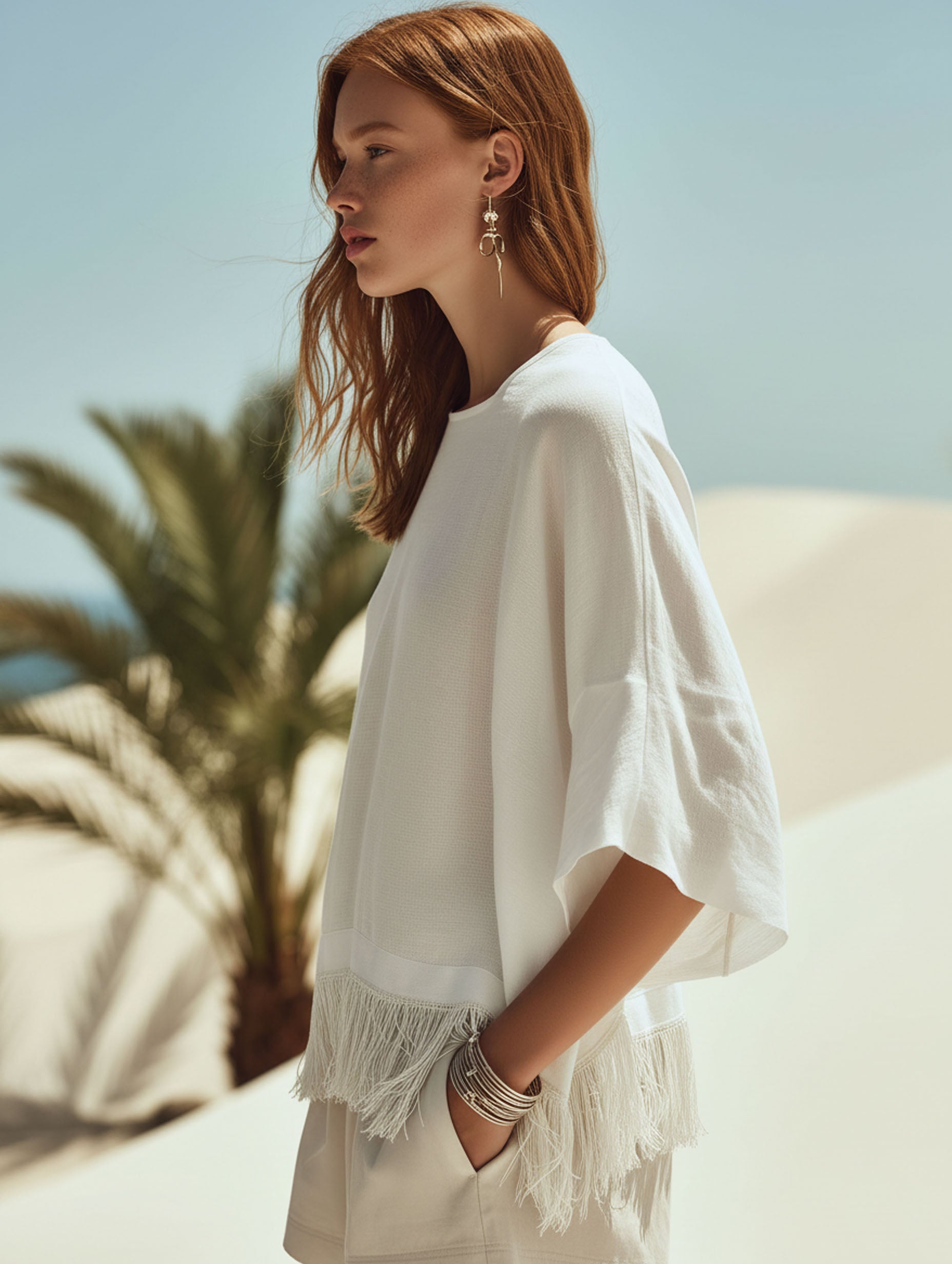 Premium Resort White Cotton Linen Mid-Sleeve Tassel Hem T-Shirt