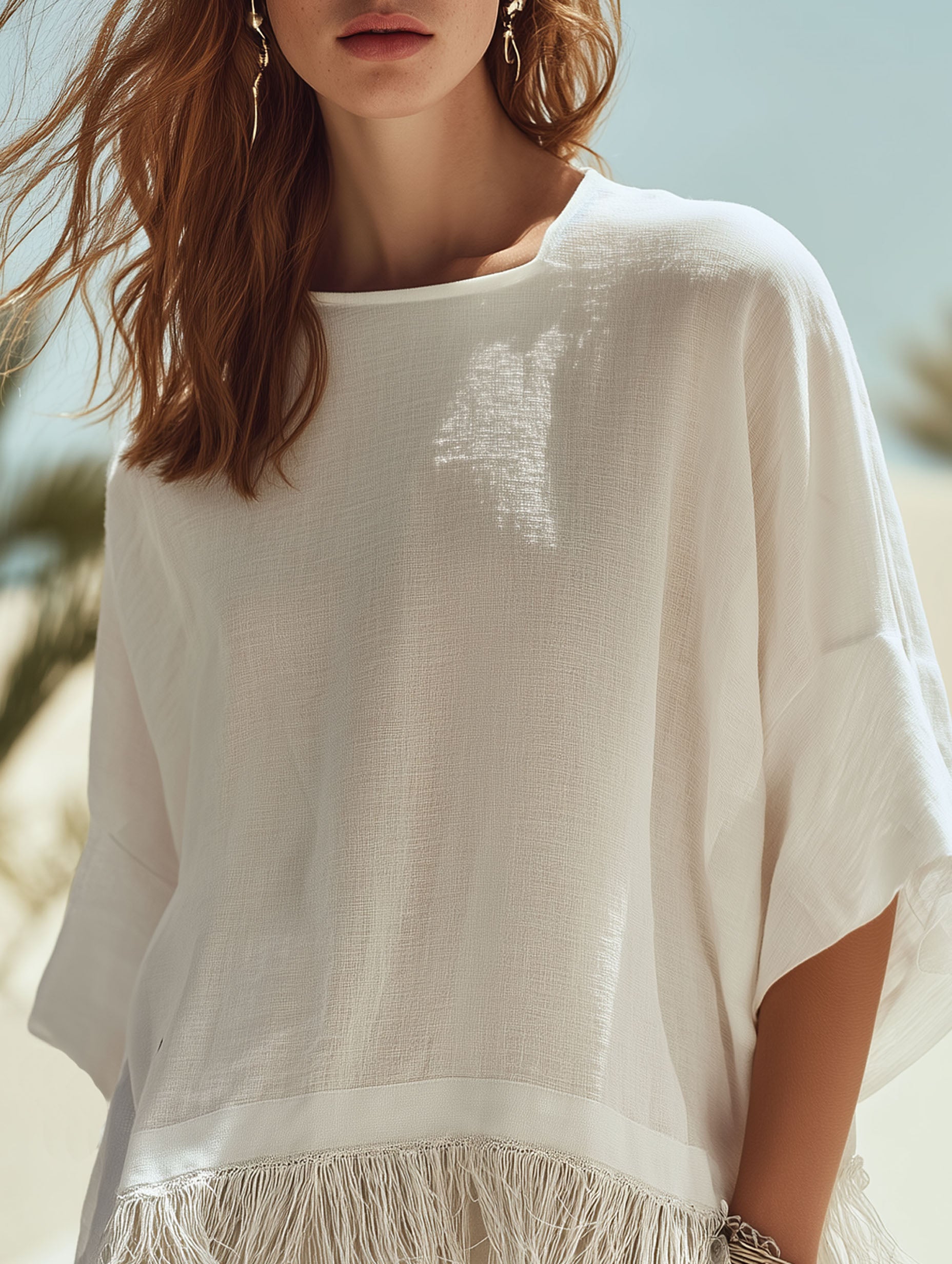 Premium Resort White Cotton Linen Mid-Sleeve Tassel Hem T-Shirt