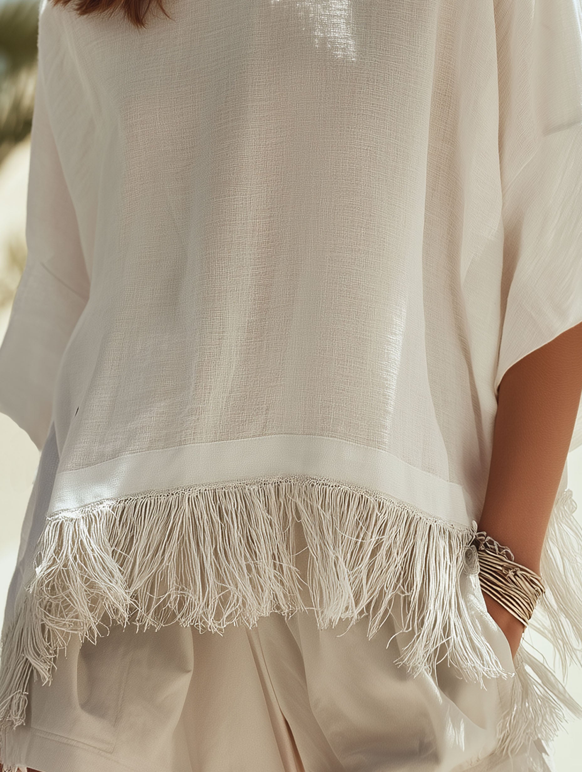 Premium Resort White Cotton Linen Mid-Sleeve Tassel Hem T-Shirt