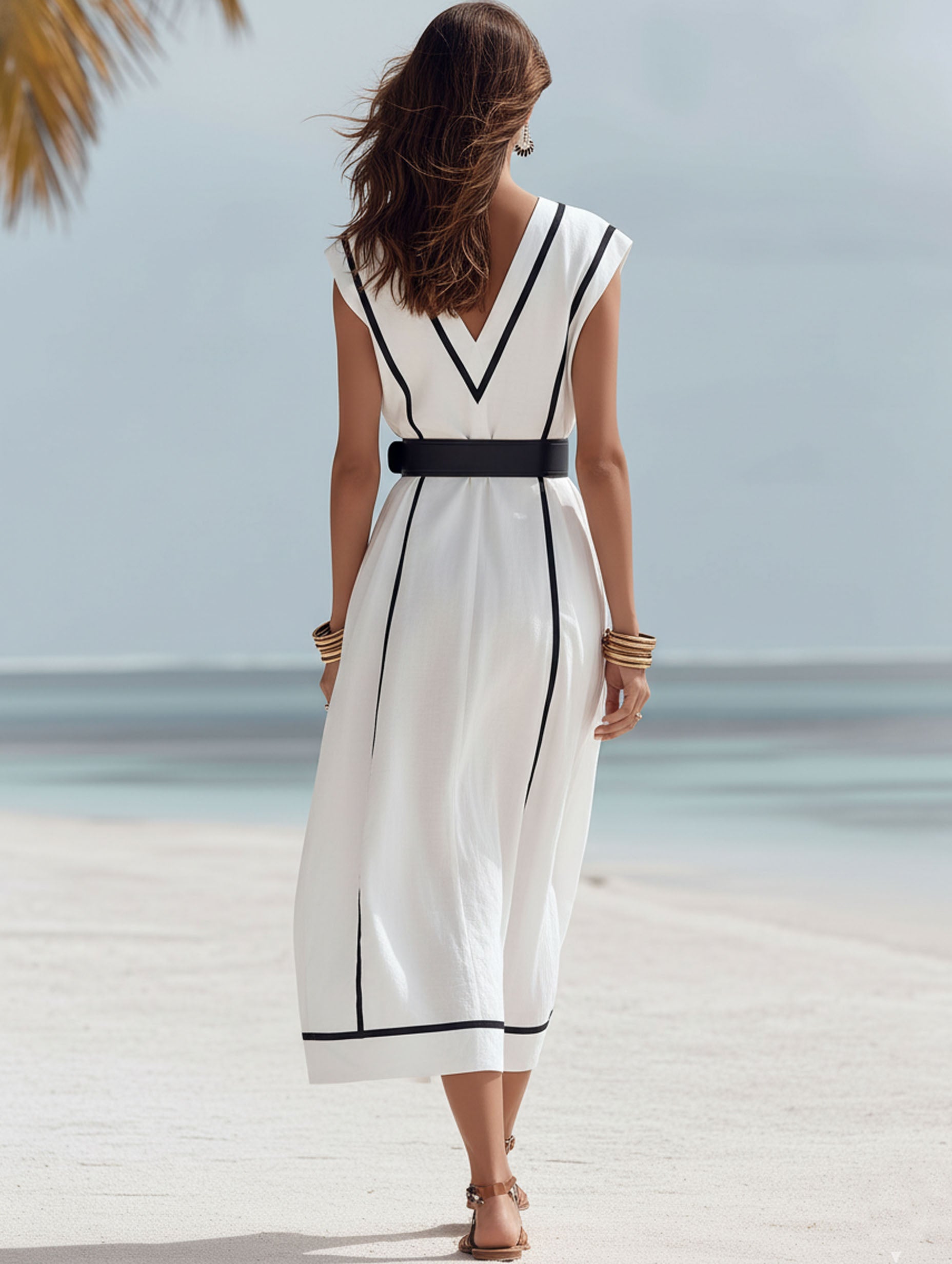 High-End Resort White Cotton Linen With Black Trim And Black Belt Midi Dress