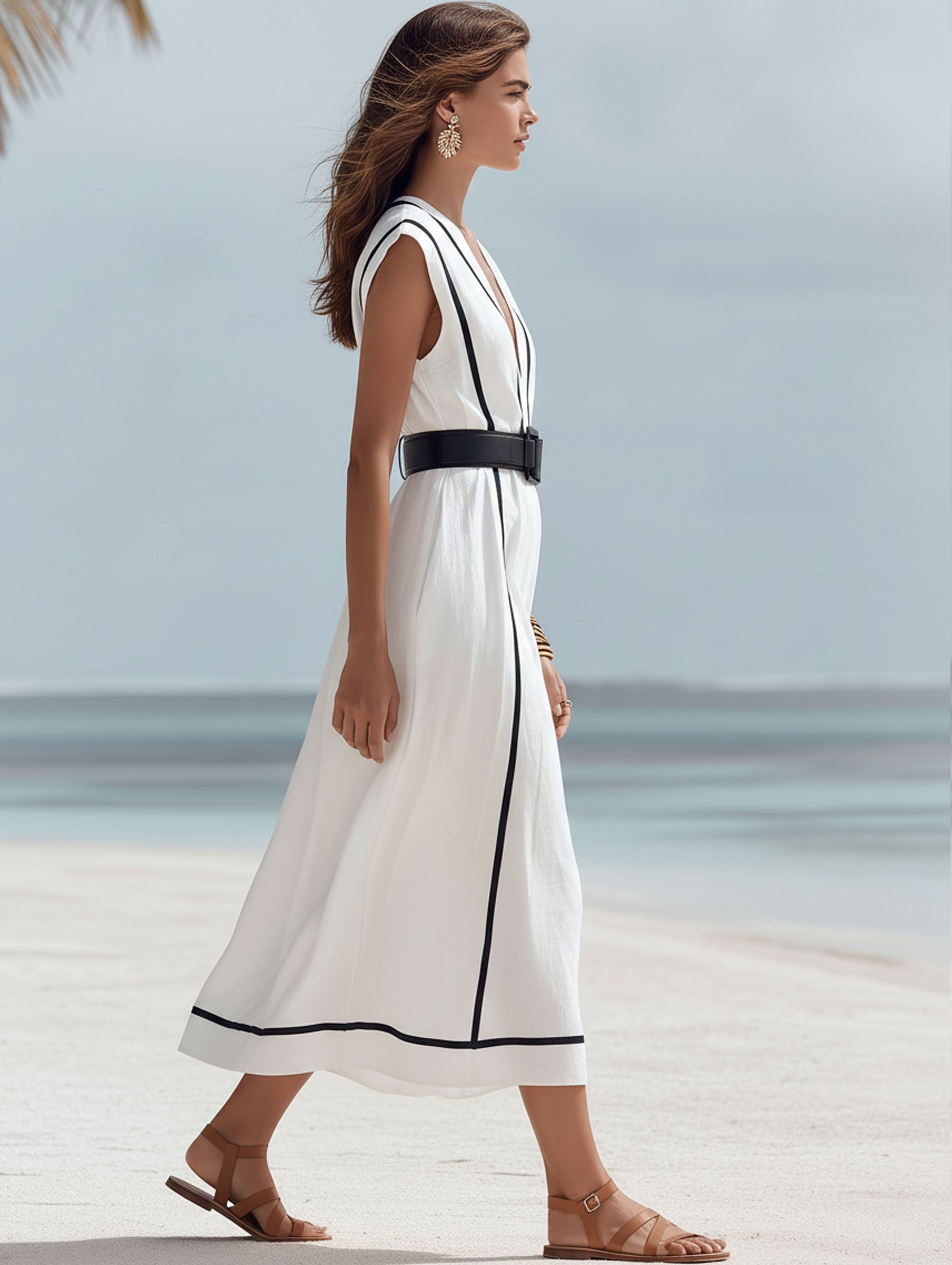 High-End Resort White Cotton Linen With Black Trim And Black Belt Midi Dress