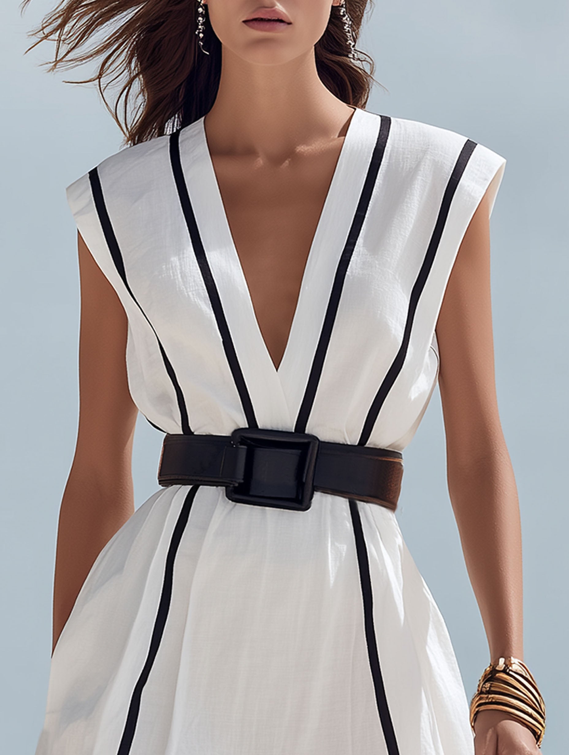 High-End Resort White Cotton Linen With Black Trim And Black Belt Midi Dress