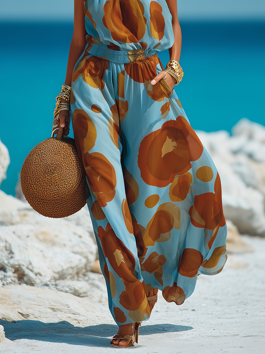Retro Bohemian Asymmetrical Color-Block Polka Dot Chiffon Top And Wide-Leg Pants Set