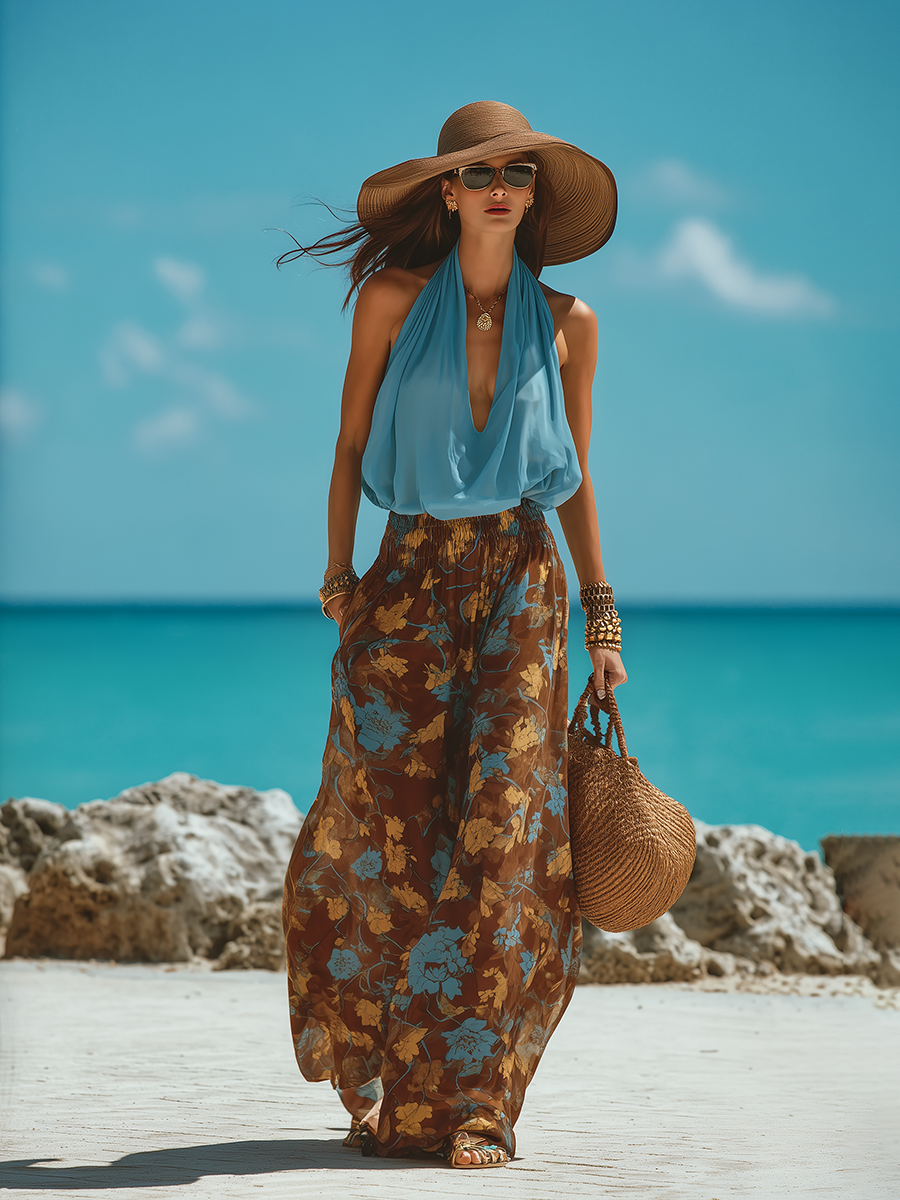 Retro Bohemian Blue Chiffon Halter Top And Printed Wide-Leg Pants Set