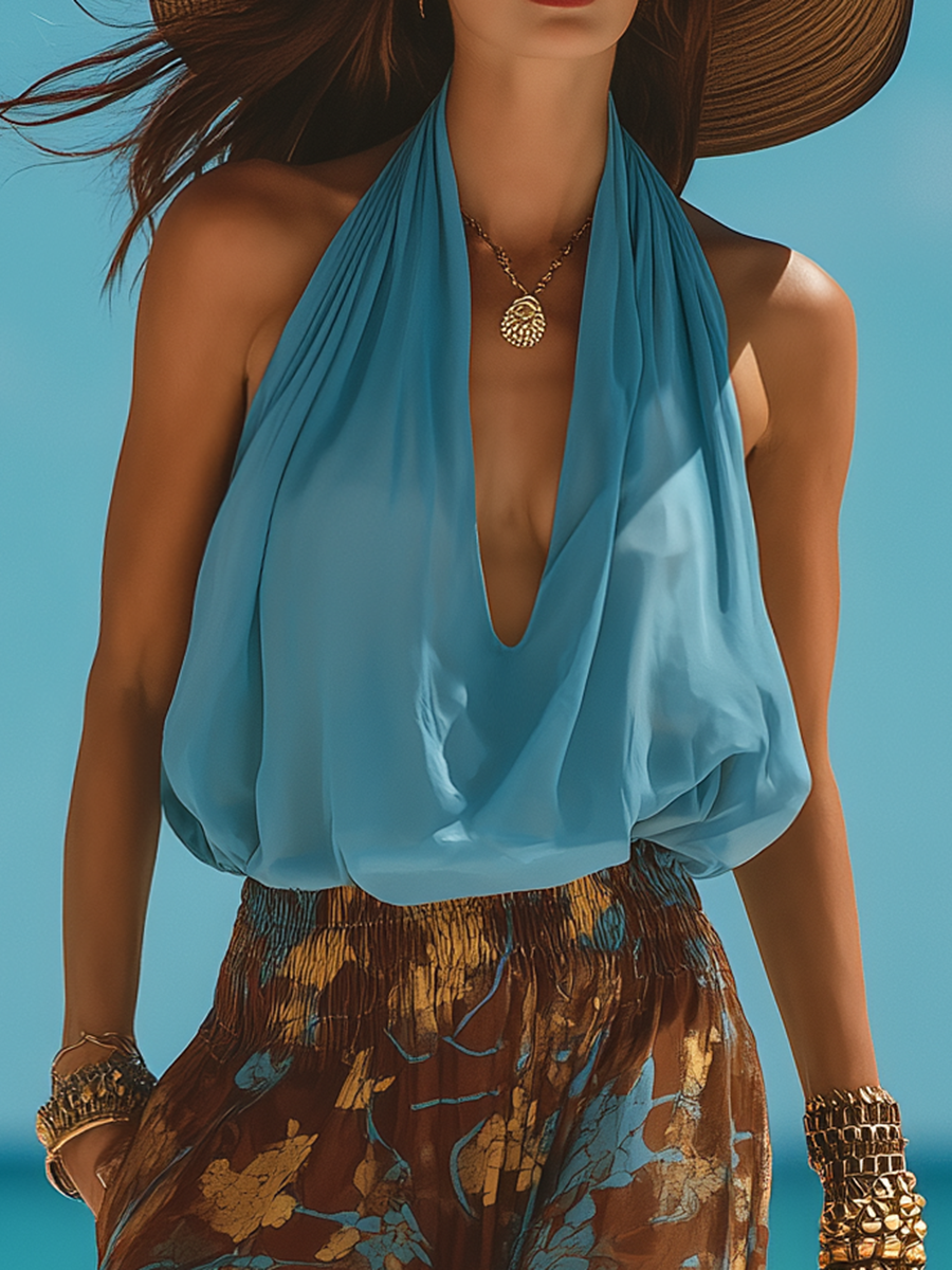 Retro Bohemian Blue Chiffon Halter Top And Printed Wide-Leg Pants Set