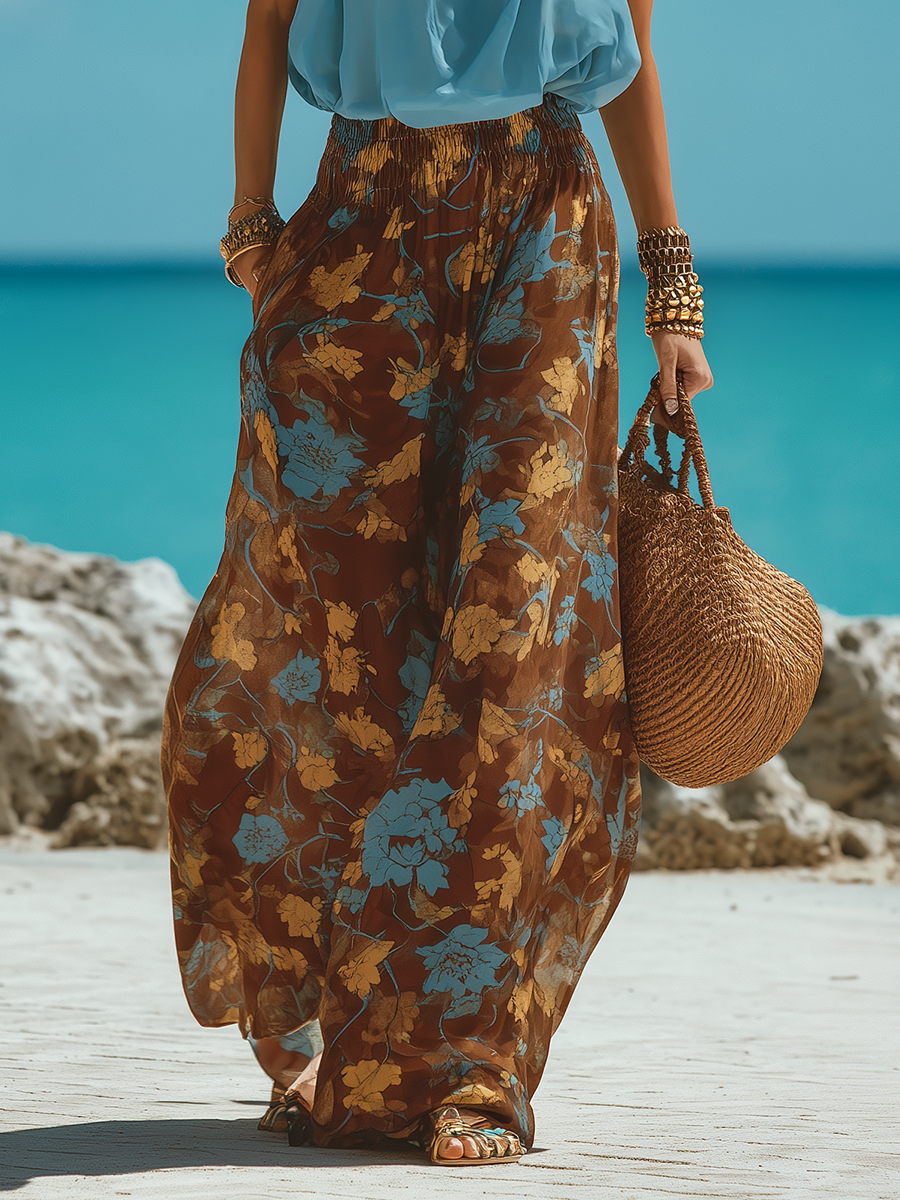 Retro Bohemian Blue Chiffon Halter Top And Printed Wide-Leg Pants Set