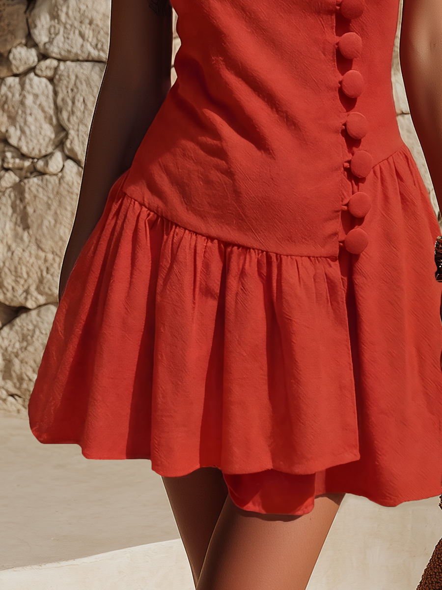 Minimalist Vacation-Style Pintucked Hem Sleeveless Cotton-Linen Mini Dress