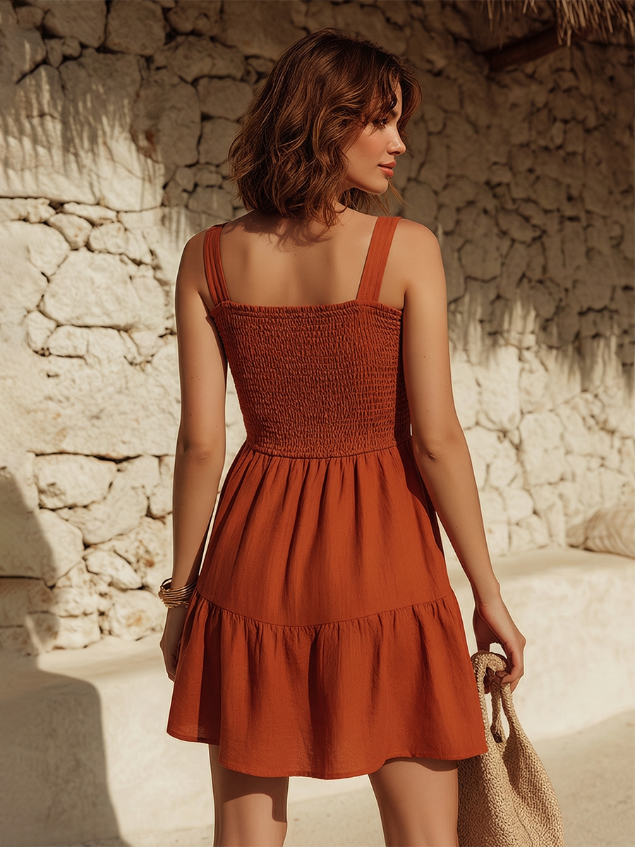 Minimalist Vacation Orange-Red Cotton-Linen Sleeveless Mini Dress