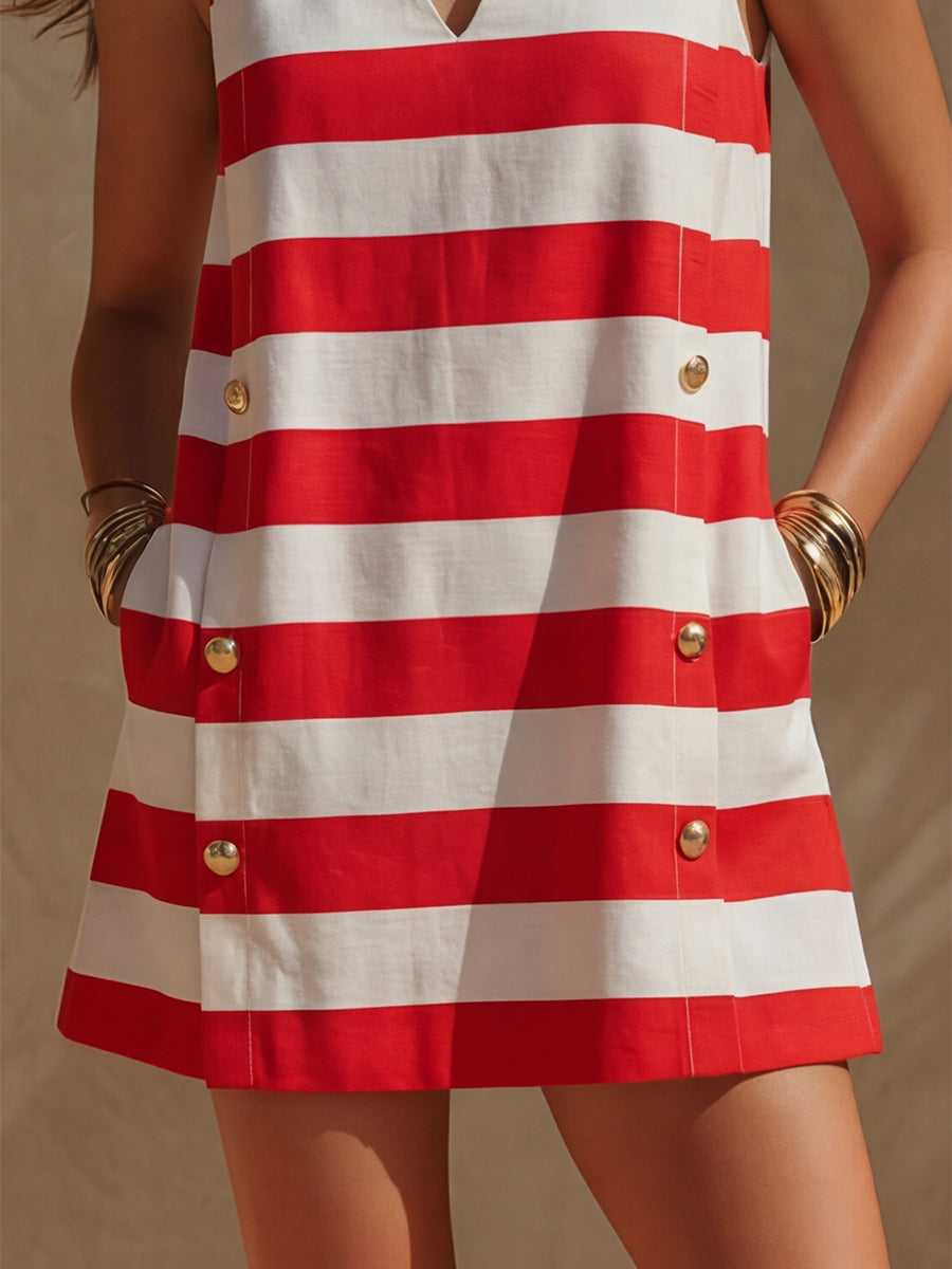 Nautical Coast Red And White Wide Striped Sleeveless V-Neck Mini Dress