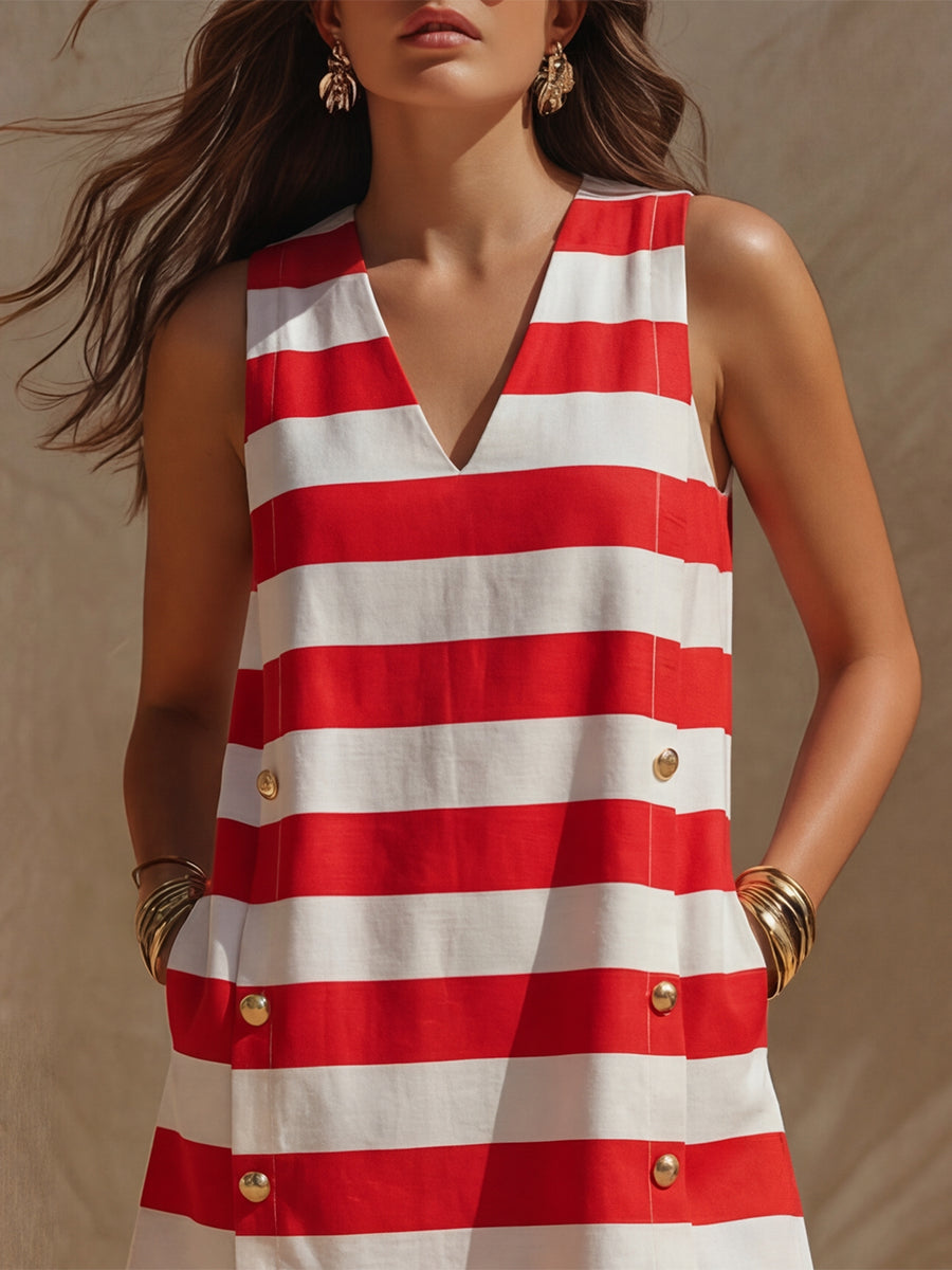 Nautical Coast Red And White Wide Striped Sleeveless V-Neck Mini Dress