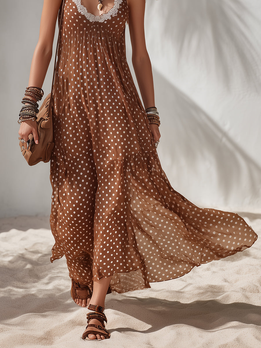 Bohemian Resort Brown Chiffon White Polka Dot Lace Trim Maxi Dress