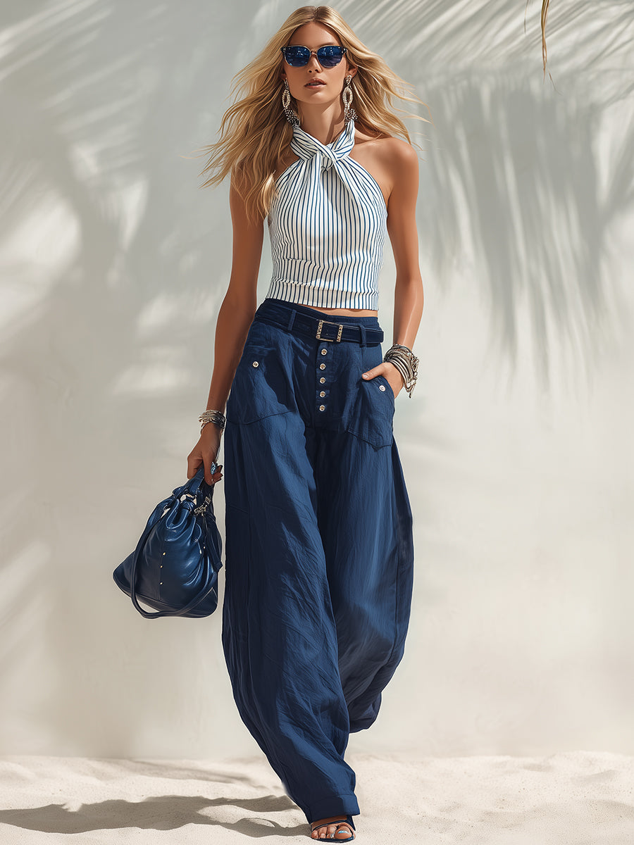 Nautical Coast White And Blue Vertical Striped Twisted Halter Neck Vest And Navy Blue Cotton Linen Wide-Leg Pants Set