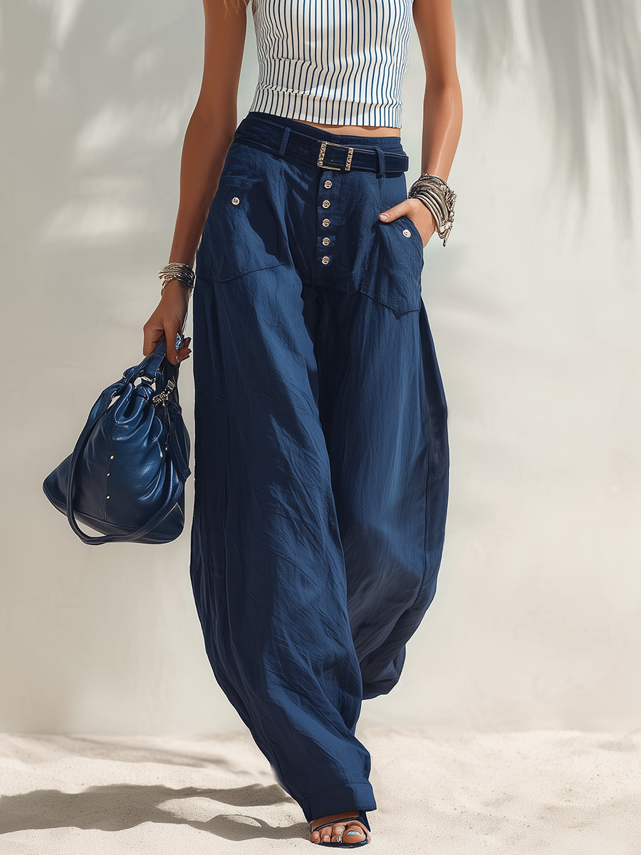 Nautical Coast White And Blue Vertical Striped Twisted Halter Neck Vest And Navy Blue Cotton Linen Wide-Leg Pants Set