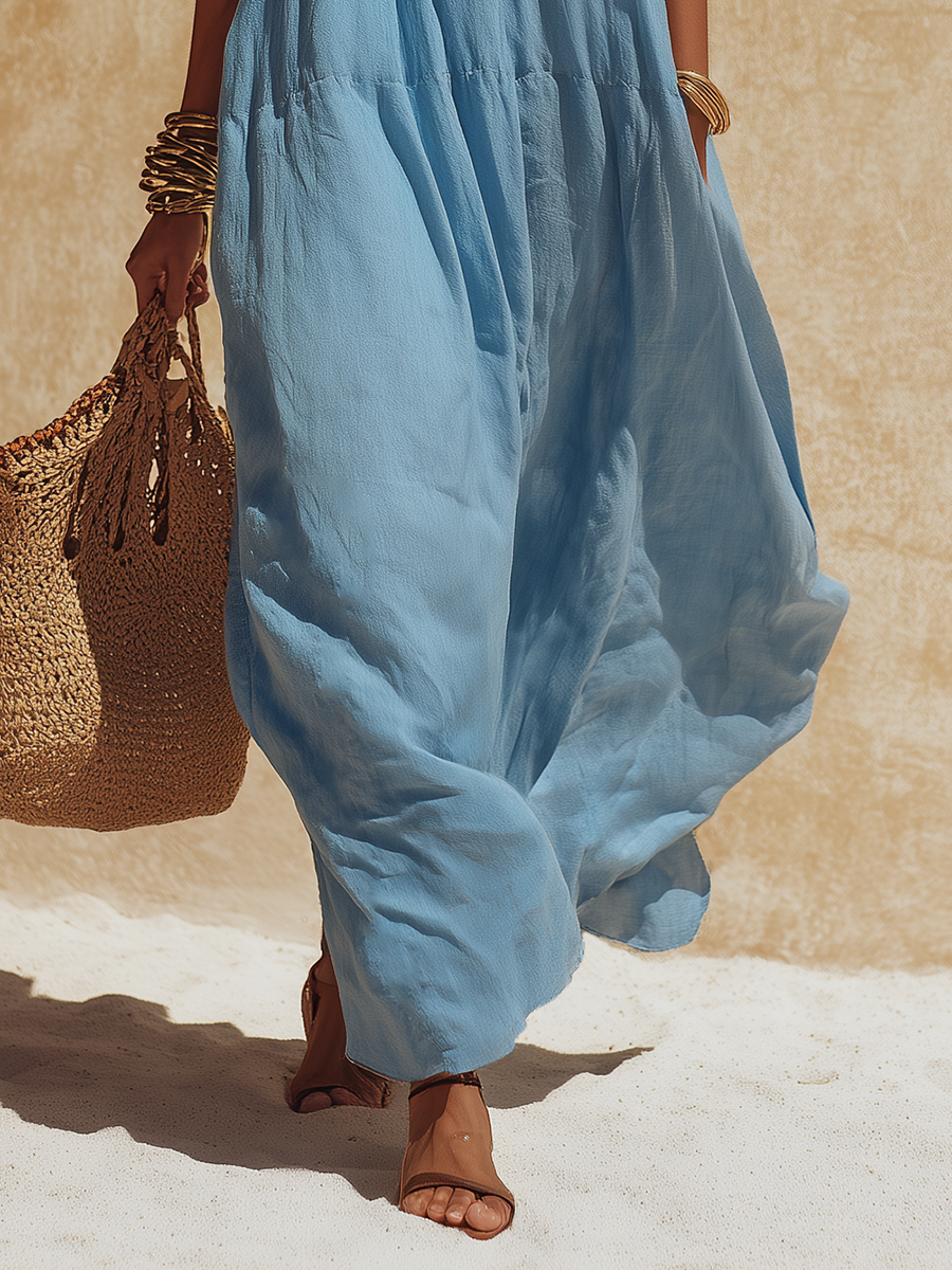 Retro Bohemian Color-Block Neckline Embroidered Sleeveless Sky-Blue Cotton-Linen Maxi Dress