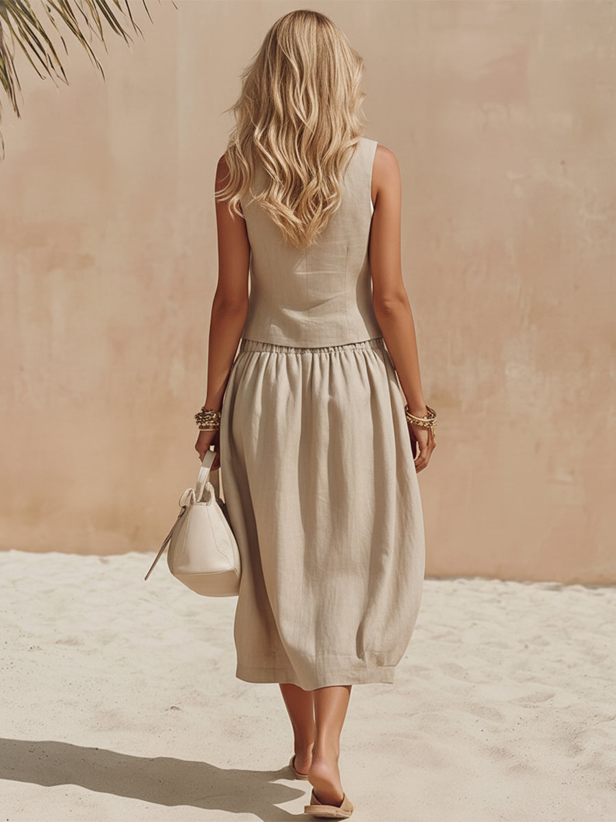Casual Vacation Beige Cotton Linen Sleeveless V-neck Vest With Side Button Decoration And Lantern-Style Midi Skirt Set