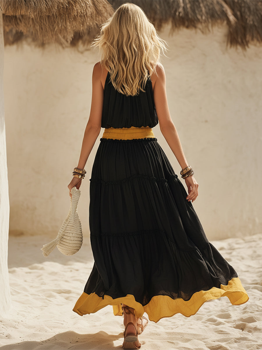 Bohemian Black Chiffon Halter Neck Loose Yellow Fitted Waist Sleeveless Maxi Dress