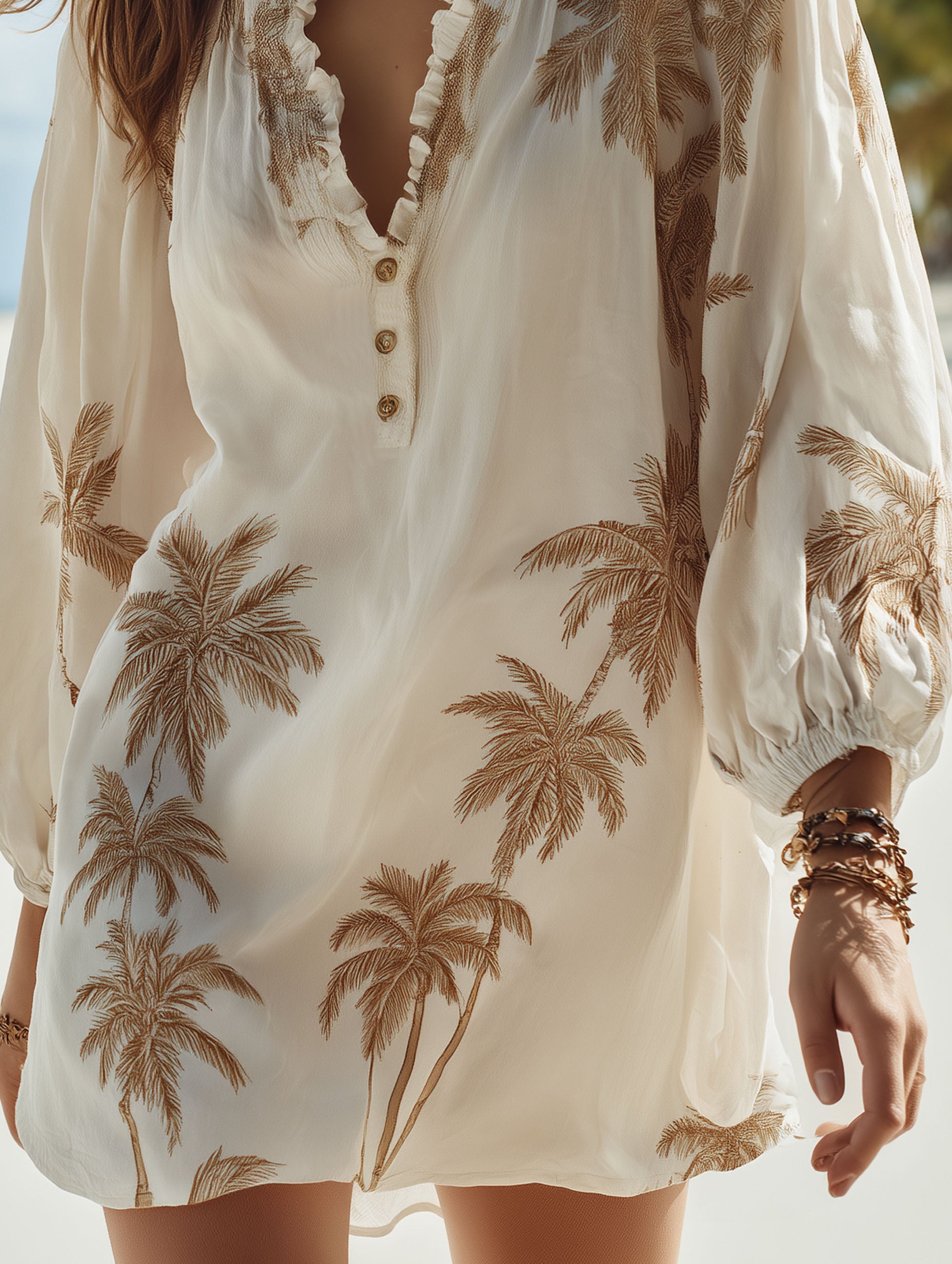 Elegant Resort Chiffon V-neck Palm Tree White Mid-length Sleeve Mini Dress