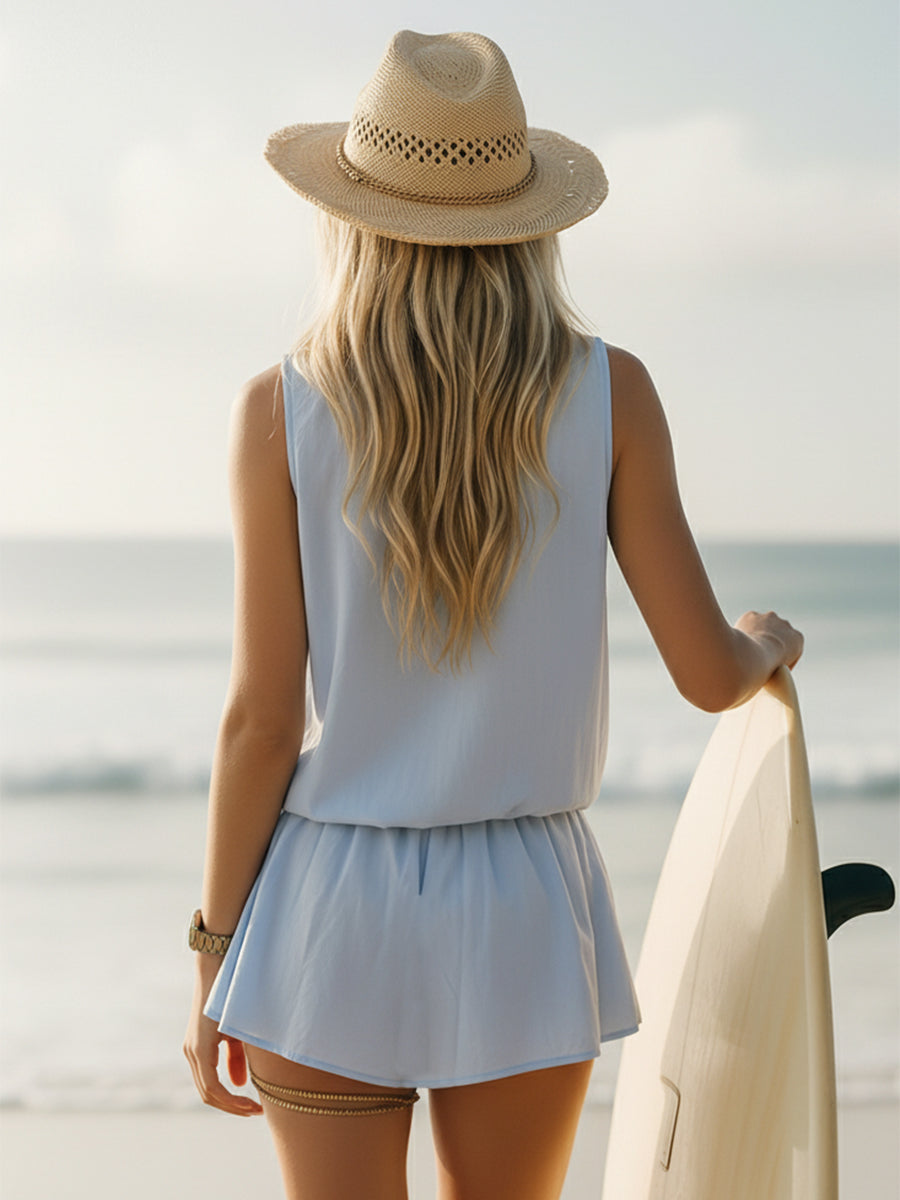 Casual Coastal Style Light Blue Ruffled Stand Collar Sleeveless Mini Dress