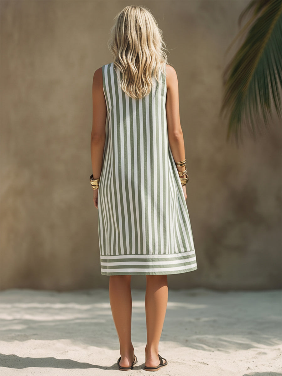 Minimalist Coastal Style White Sage Green Vertical Stripes Sleeveless V-neck Midi Dress