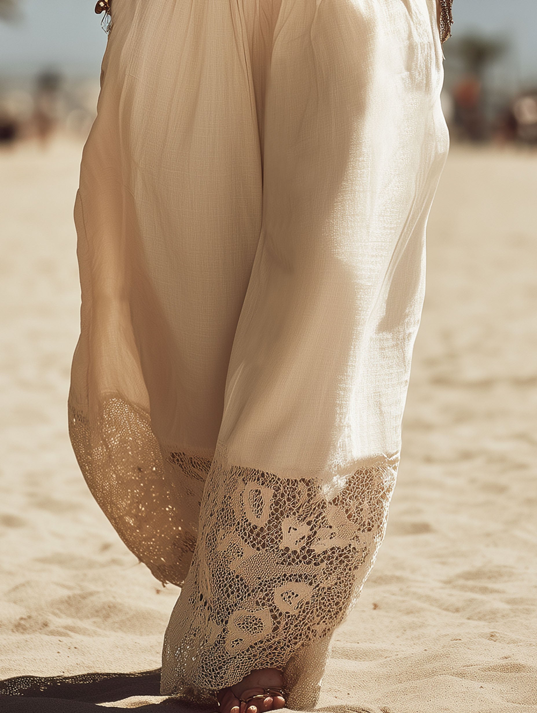 Elegant Vacation-Style Cotton And Linen Patchwork Lace Beige Pants