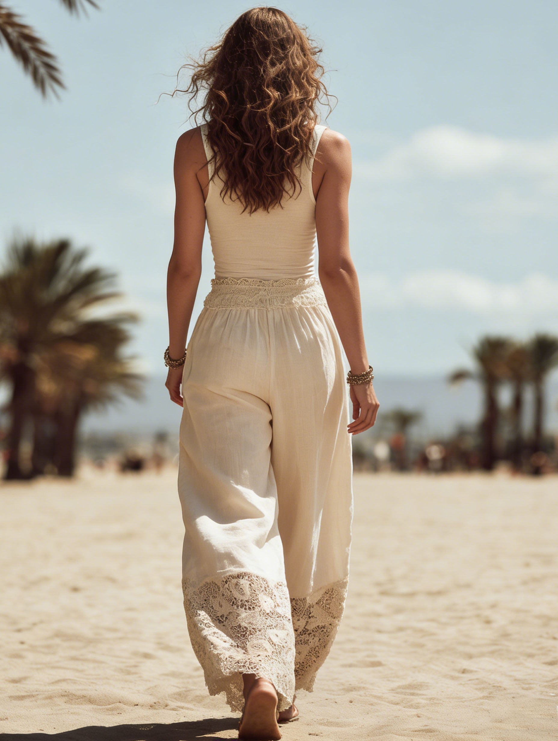 Elegant Vacation-Style Cotton And Linen Patchwork Lace Beige Pants
