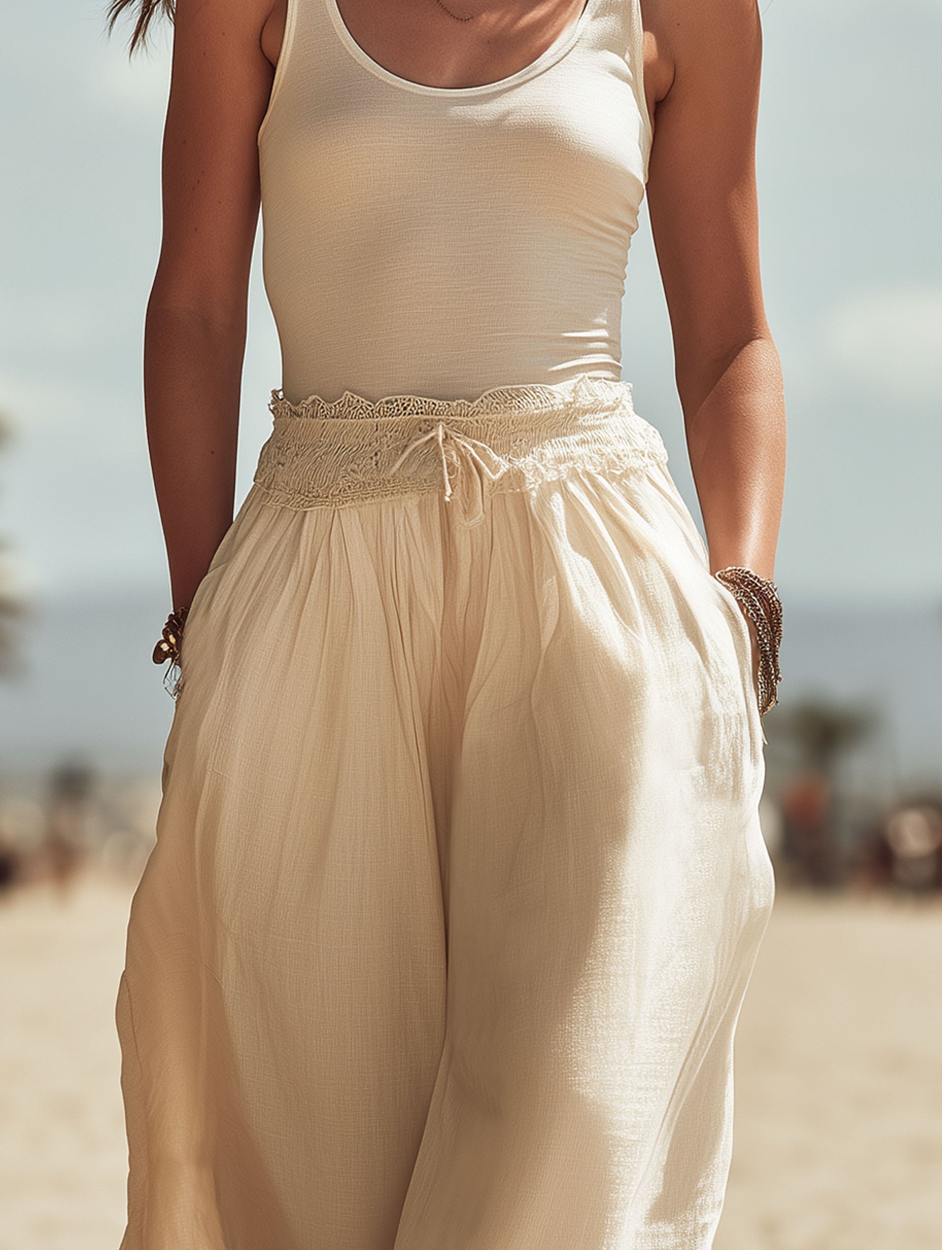 Elegant Vacation-Style Cotton And Linen Patchwork Lace Beige Pants