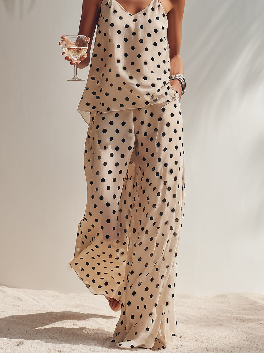Bohemian Beige Chiffon Black Polka Dot Sleeveless V-Neck Camisole Wide-Leg Pants Set